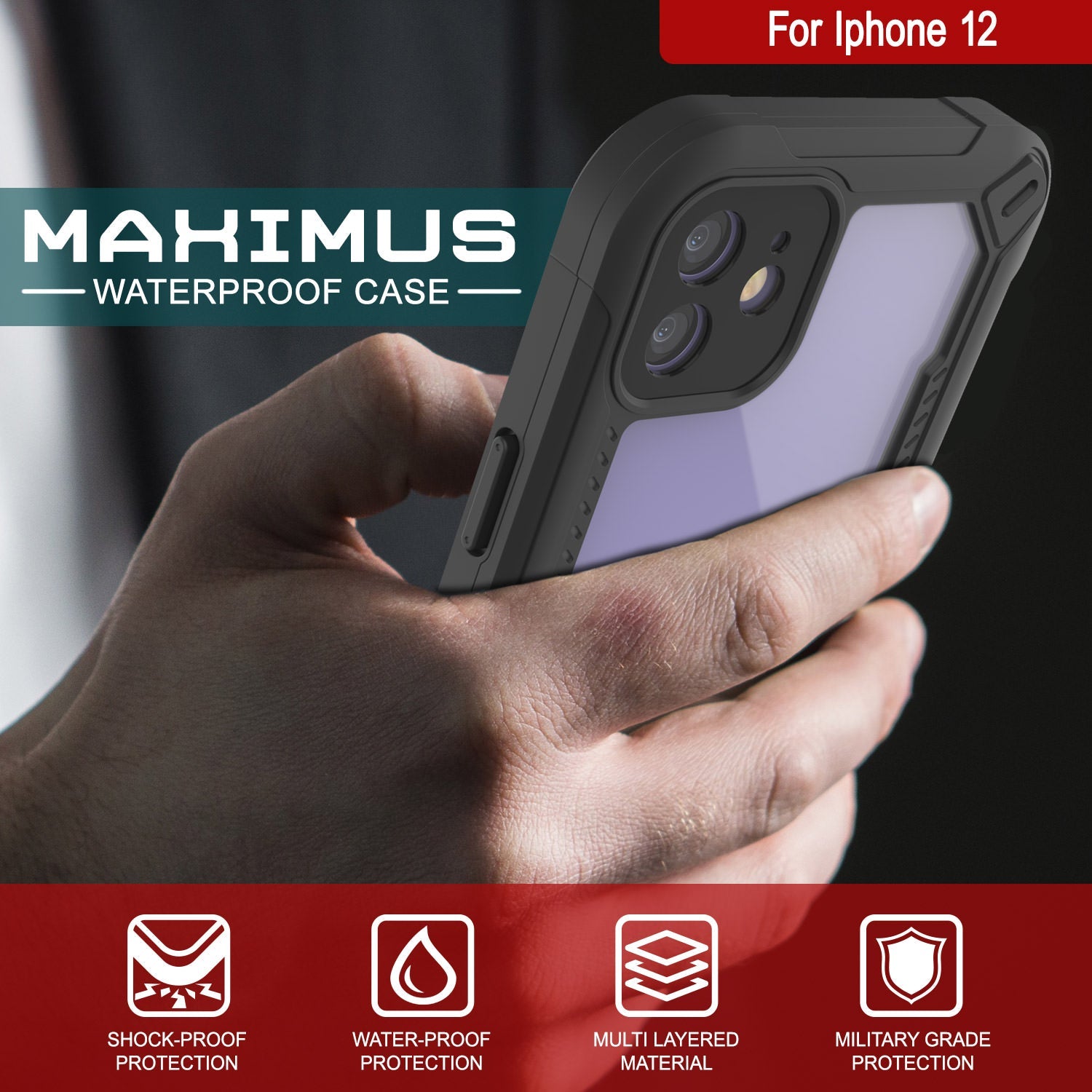 Capa à prova d'água IP68 para iPhone 12, Punkcase [roxa] [Série Maximus] [Ajuste fino] [Certificado IP68] [Resistente a choques] Capa de armadura transparente com protetor de tela | Proteção máxima