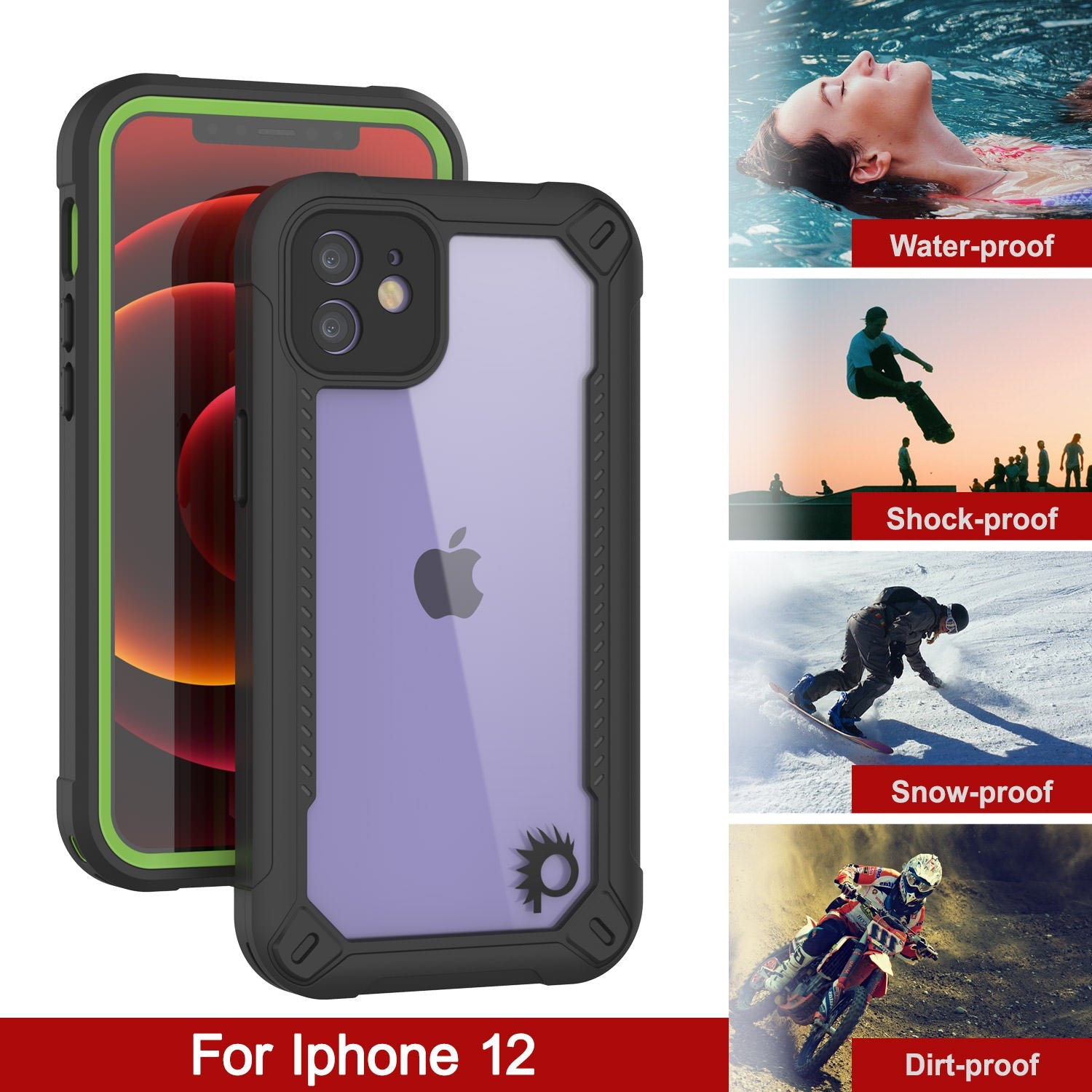 Capa à prova d'água IP68 para iPhone 12, Punkcase [Verde] [Série Maximus] [Ajuste Slim] [Certificado IP68] [Resistente a Choques] Capa transparente de armadura protetora com protetor de tela | Proteção final
