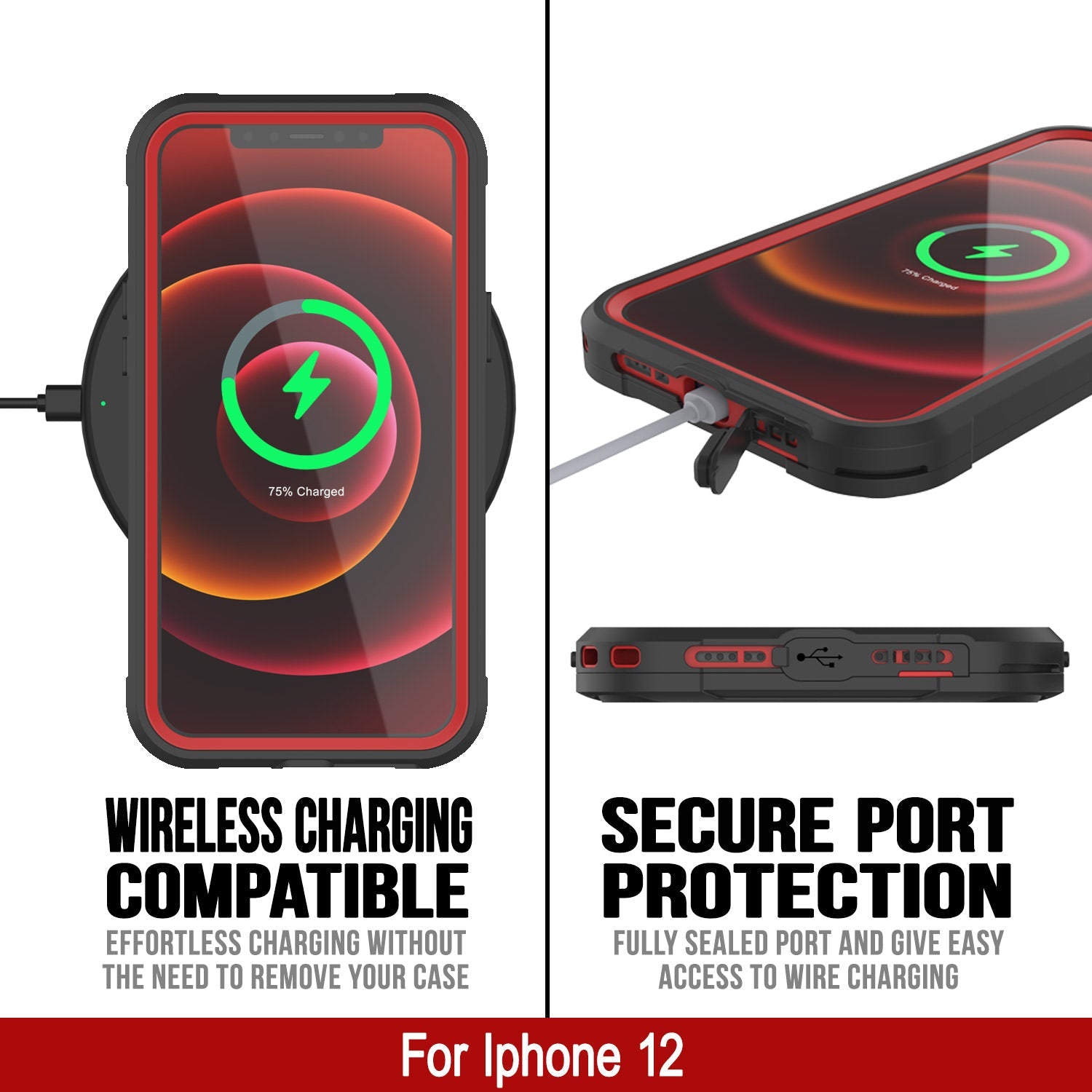 Capa à prova d'água IP68 para iPhone 12, Punkcase [vermelha] [Série Maximus] [Ajuste Slim] [Certificado IP68] [Resistente a Choques] Capa Transparente com Protetor de Tela | Proteção Máxima
