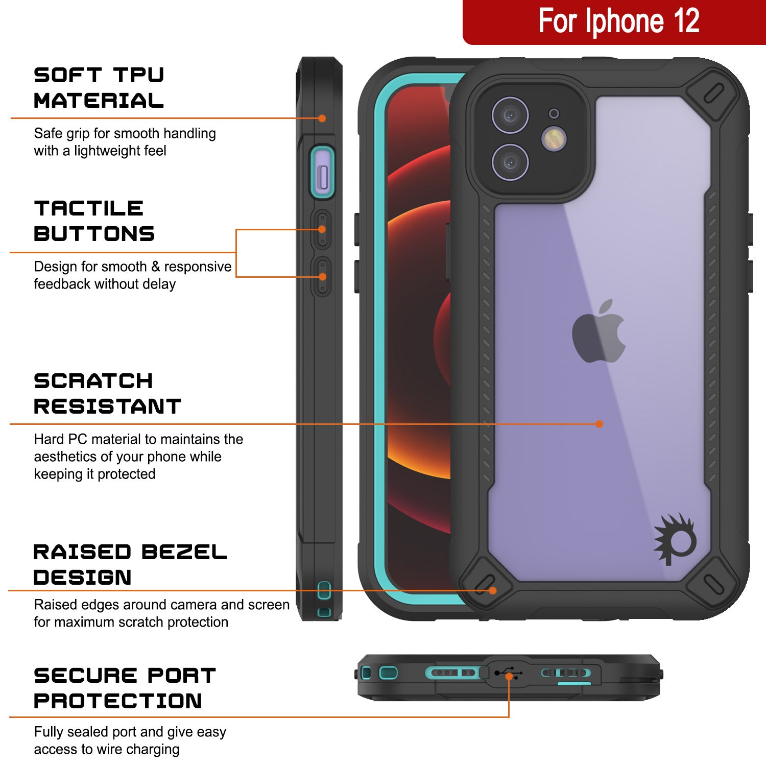 Capa à prova d'água IP68 para iPhone 12, Punkcase [teal] [Série Maximus] [Ajuste Slim] [Certificado IP68] [À prova de choque] Capa transparente com protetor de tela | Proteção máxima