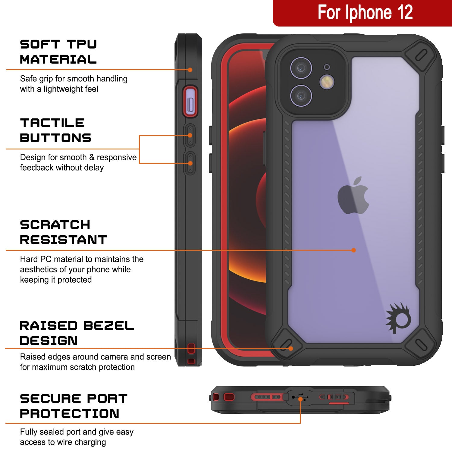 Capa à prova d'água IP68 para iPhone 12, Punkcase [vermelha] [Série Maximus] [Ajuste Slim] [Certificado IP68] [Resistente a Choques] Capa Transparente com Protetor de Tela | Proteção Máxima