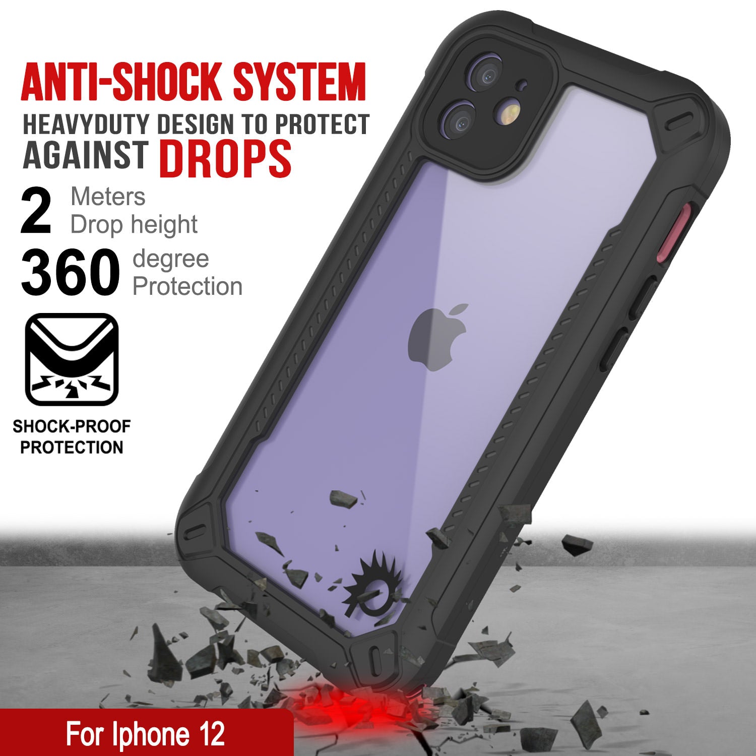 Capa à prova d'água IP68 para iPhone 12, Punkcase [pink] [Série Maximus] [Slim Fit] [Certificado IP68] [À prova de choque] Capa transparente de armadura com protetor de tela | Proteção total