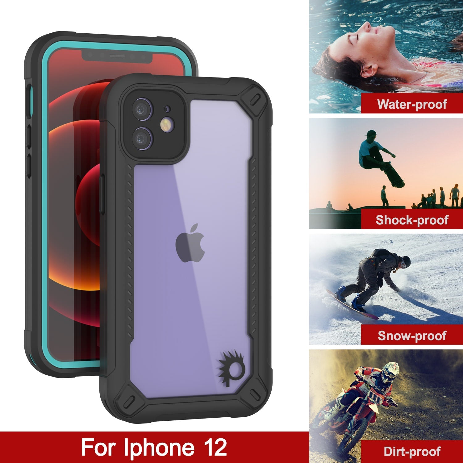 Capa à prova d'água IP68 para iPhone 12, Punkcase [teal] [Série Maximus] [Ajuste Slim] [Certificado IP68] [À prova de choque] Capa transparente com protetor de tela | Proteção máxima