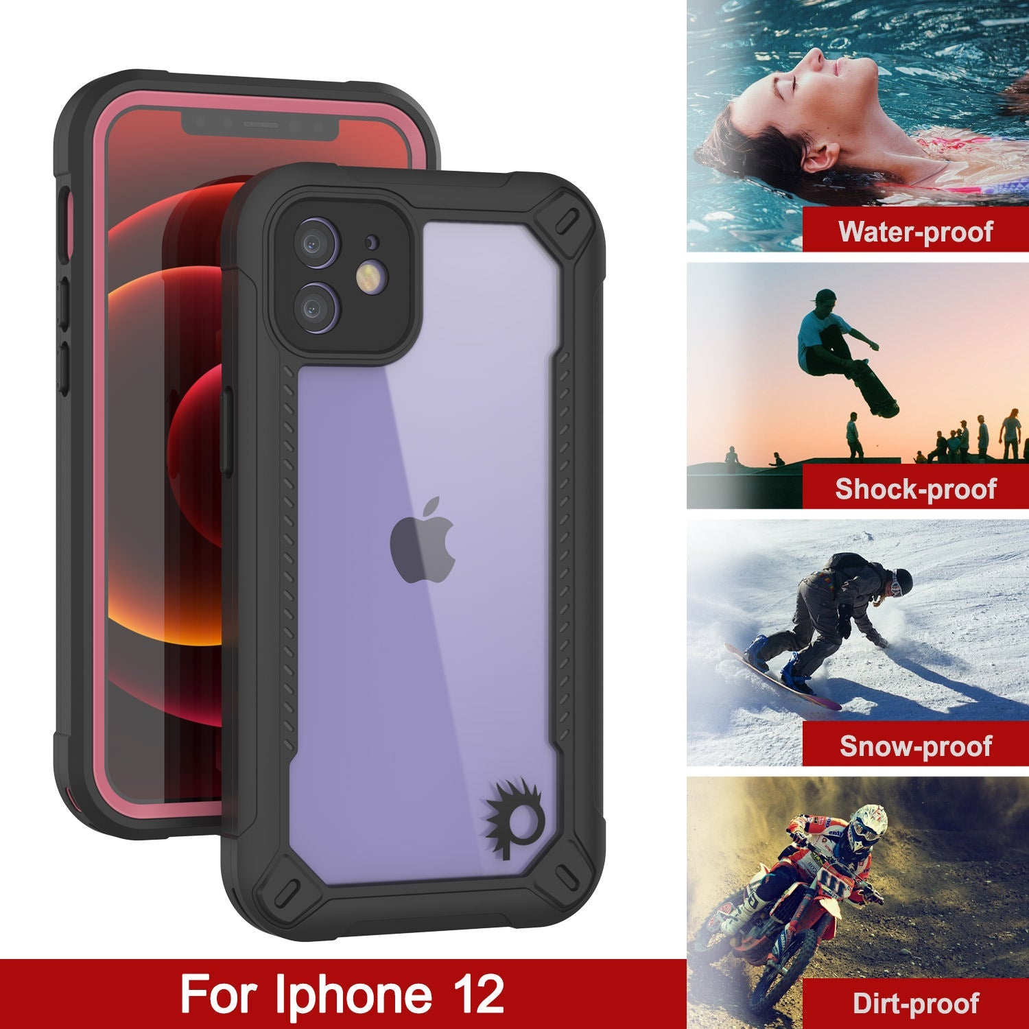 Capa à prova d'água IP68 para iPhone 12, Punkcase [pink] [Série Maximus] [Slim Fit] [Certificado IP68] [À prova de choque] Capa transparente de armadura com protetor de tela | Proteção total