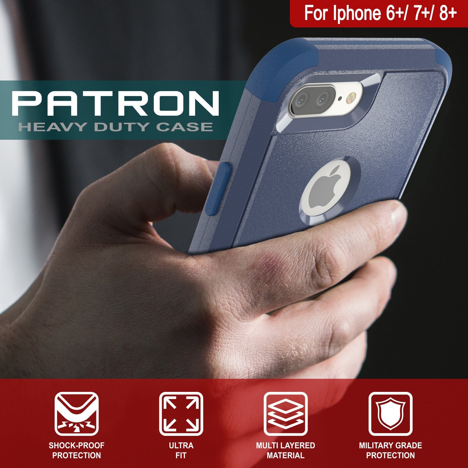 Punkcase for iPhone 8+ Plus Belt Clip Multilayer Holster Case [Patron Series] [Navy] (Color in image: Red-Black)
