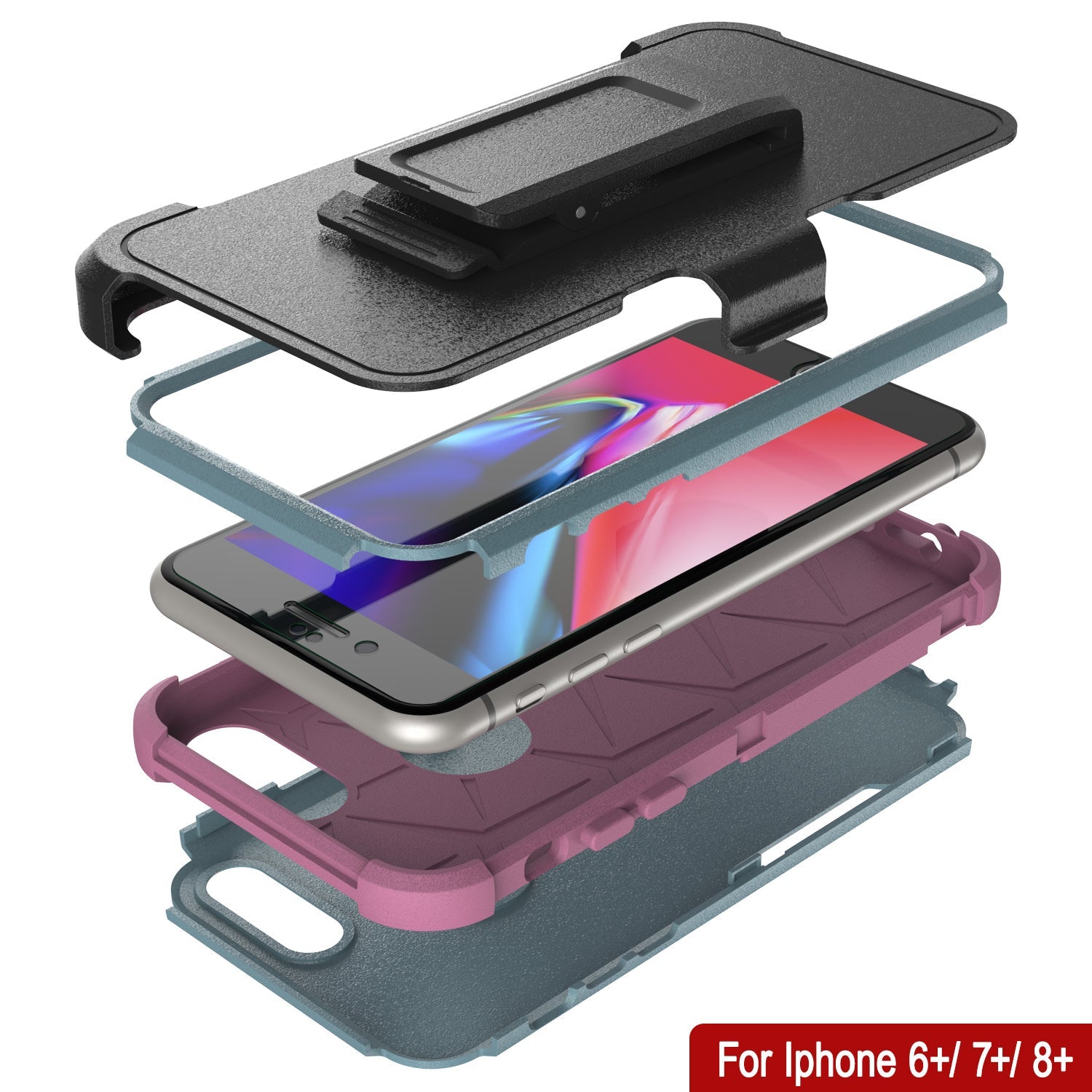 Punkcase for iPhone 7+ Plus Belt Clip Multilayer Holster Case [Patron Series] [Mint-Pink]