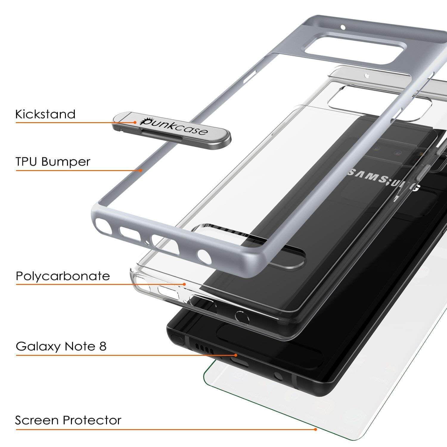 Galaxy Note 8 Case, PUNKcase [LUCID 3.0 Series] Armor Cover w/Integrated Kickstand [Silver] (Color in image: Red)
