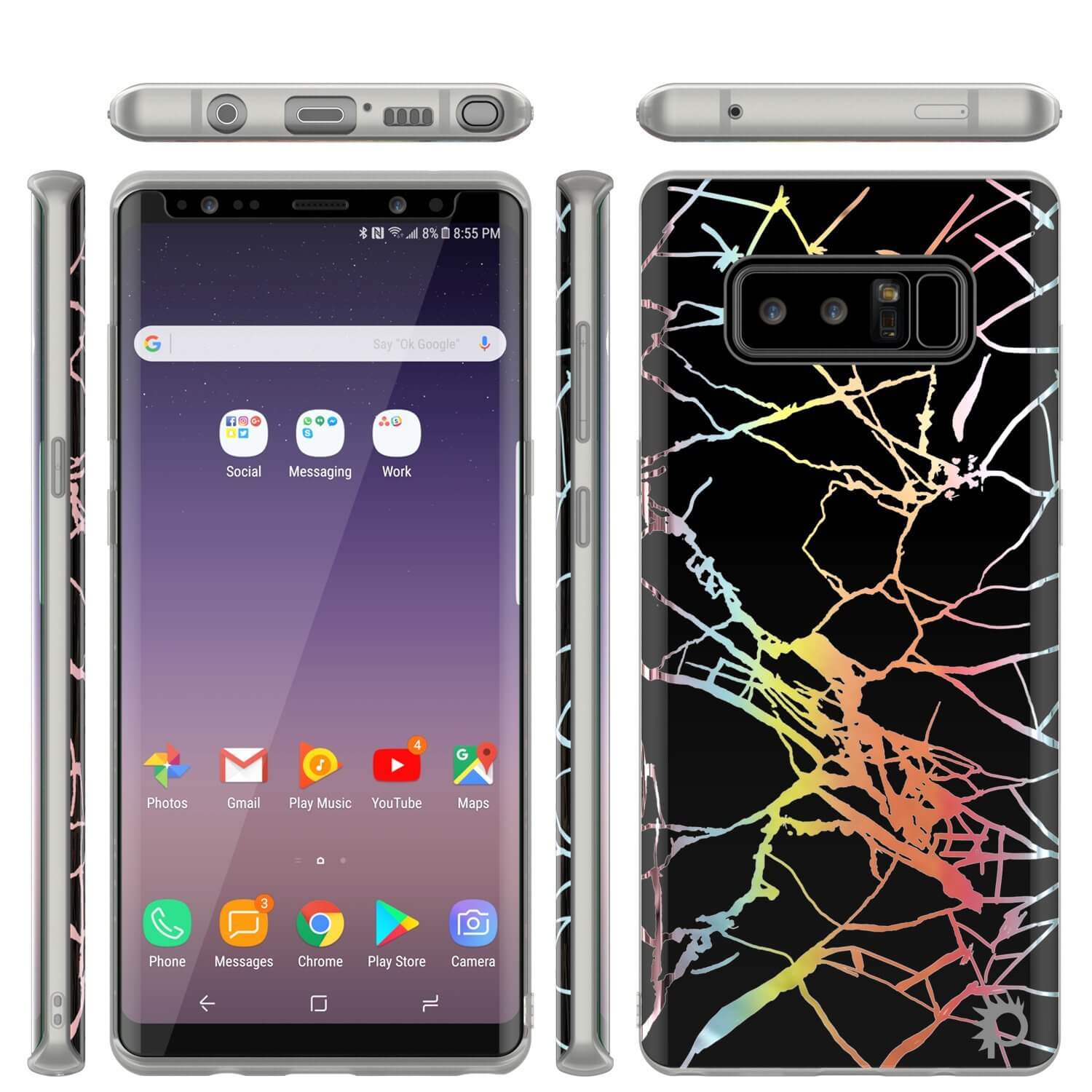 Capa de mármore Punkcase Galaxy Note 8, Protetor de corpo inteiro com protetor de tela PunkShield (Mirage preto)