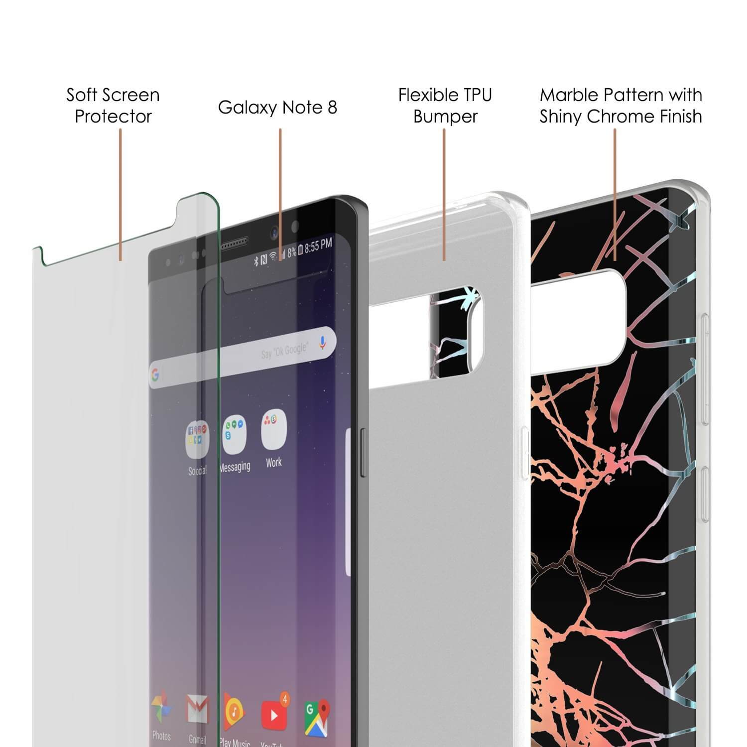 Capa de mármore Punkcase Galaxy Note 8, Protetor de corpo inteiro com protetor de tela PunkShield (Mirage preto)