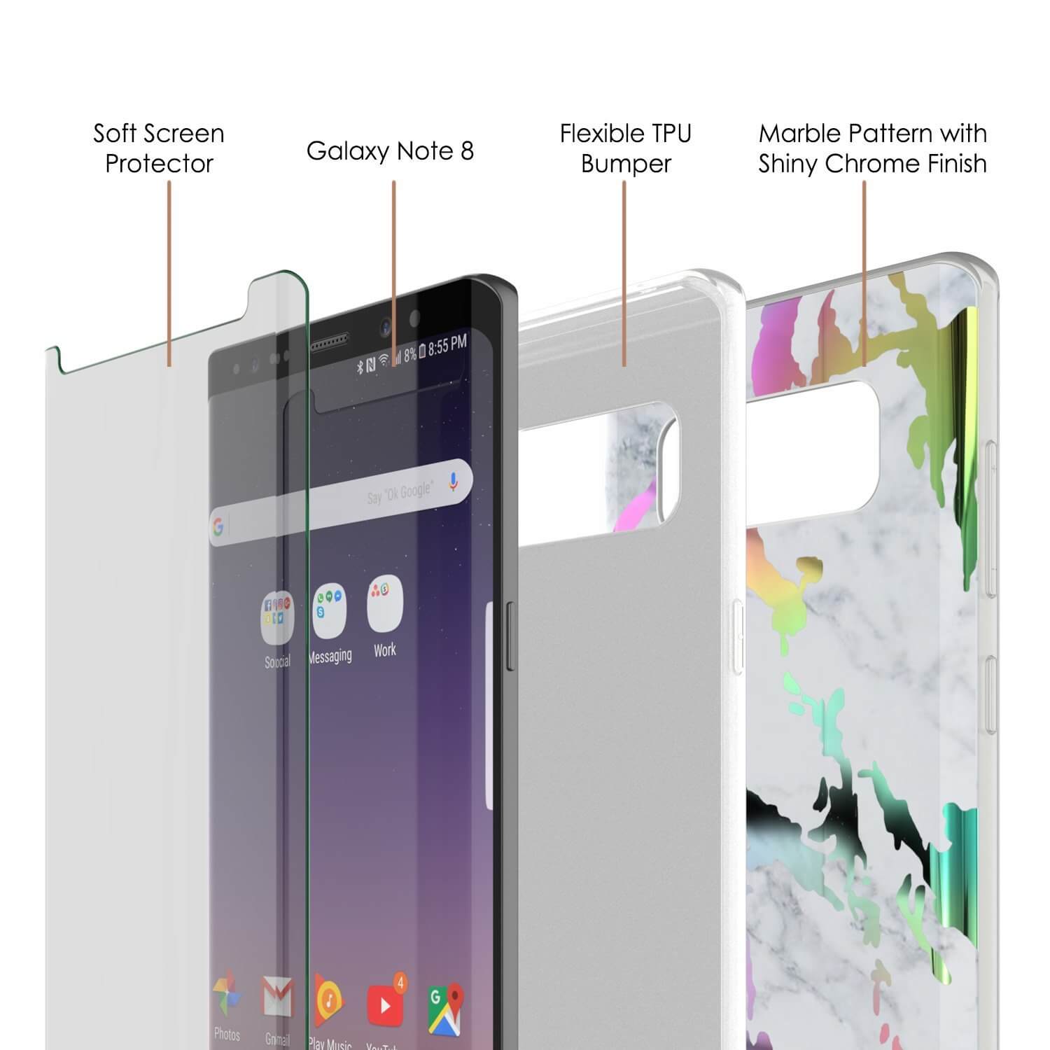 Capa Punkcase Galaxy Note 8 de mármore, cobertura protetora de corpo inteiro com protetor de tela PunkShield (Blanco Marmo)