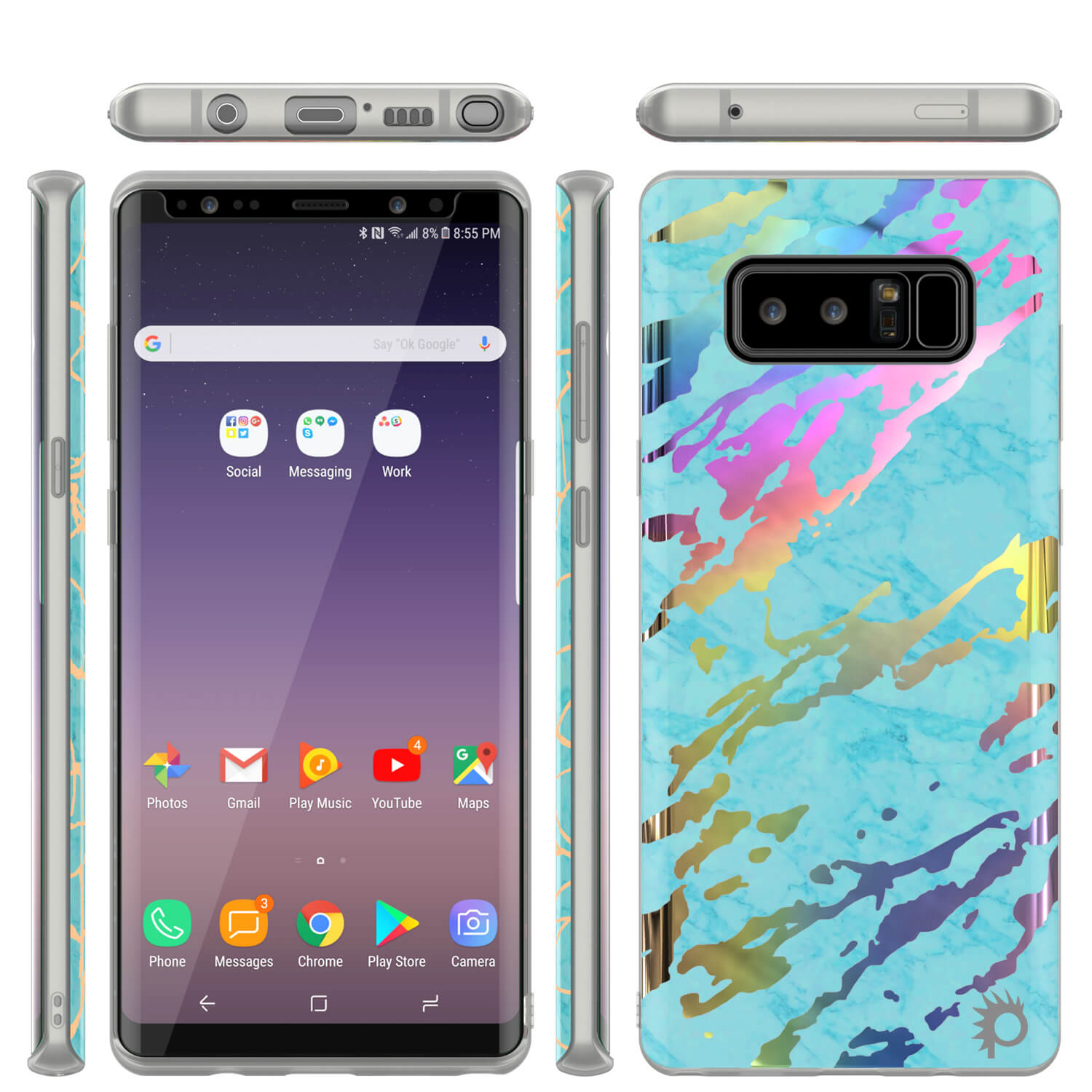 Capa de mármore Punkcase Galaxy Note 8, cobertura completa protetora do corpo com Protetor de Tela PunkShield (Teal Ônix)