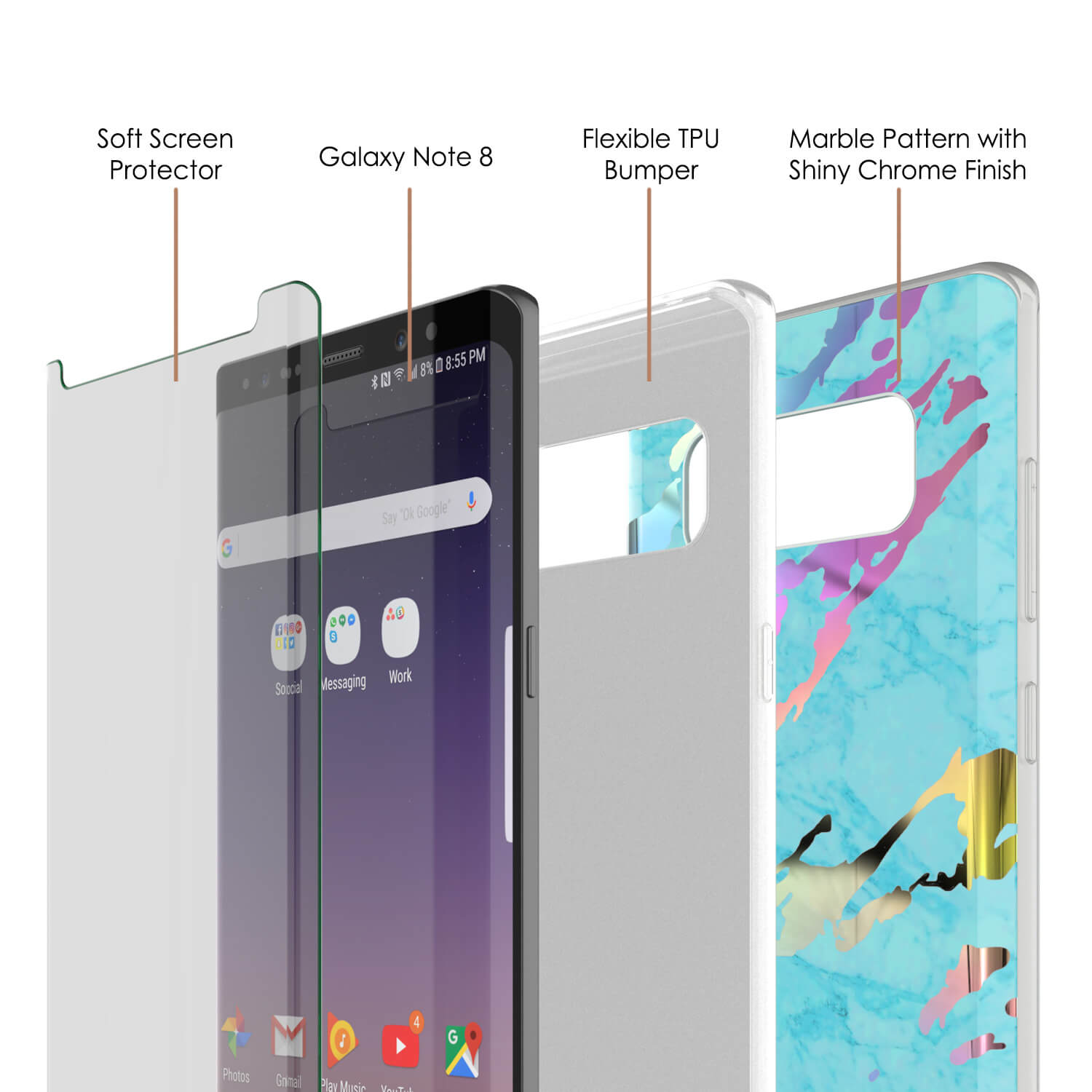 Capa de mármore Punkcase Galaxy Note 8, cobertura completa protetora do corpo com Protetor de Tela PunkShield (Teal Ônix)