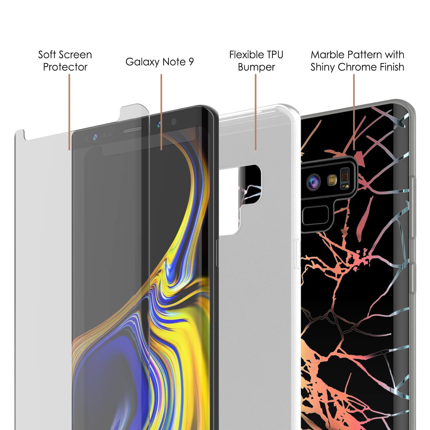 Galaxy Note 9 Corpo Completo com Protetor de Tela Capa de Mármore (Miragem Preta)