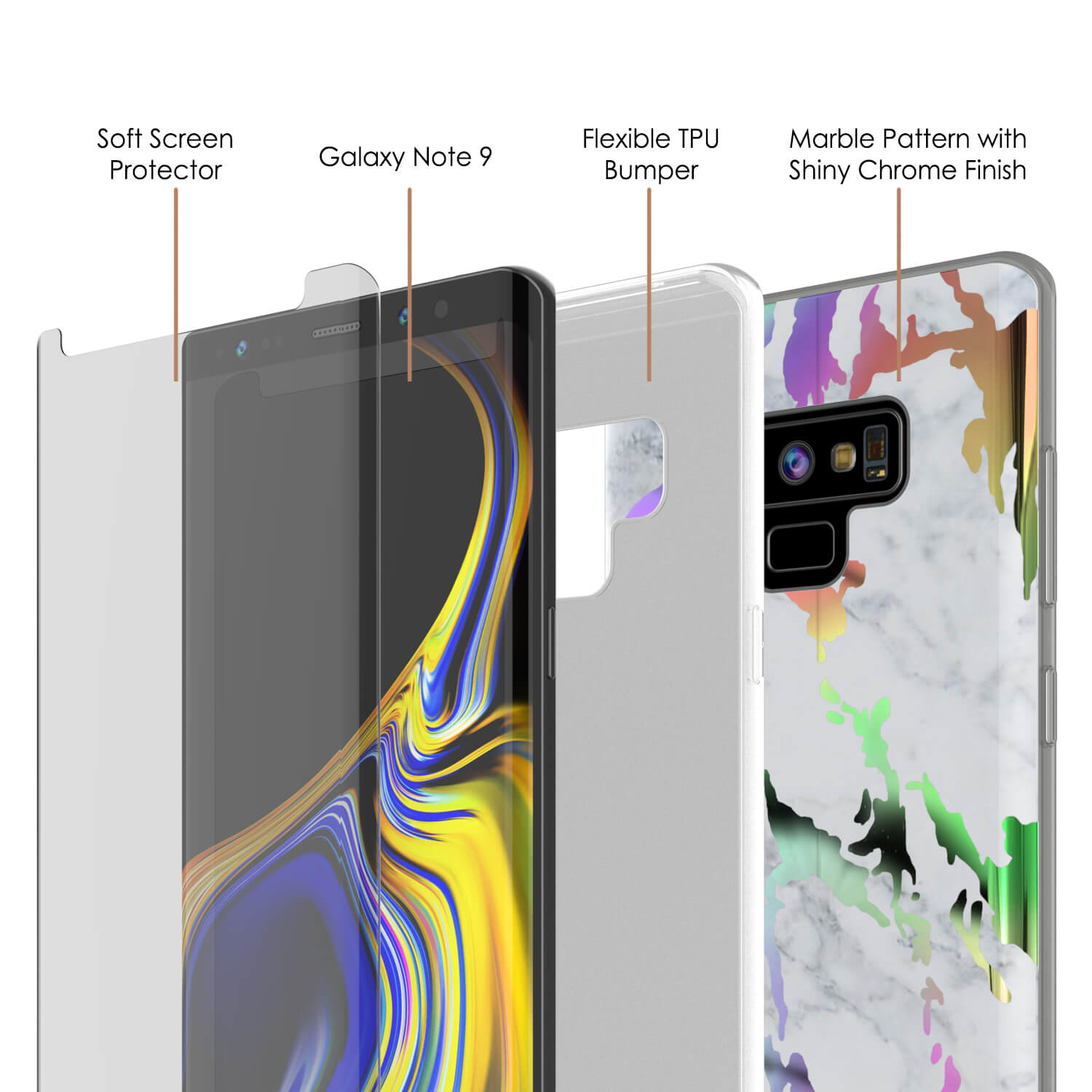 Galaxy Note 9 Corpo Inteiro com Protetor de Tela Capa de Mármore (Branco Mármore)