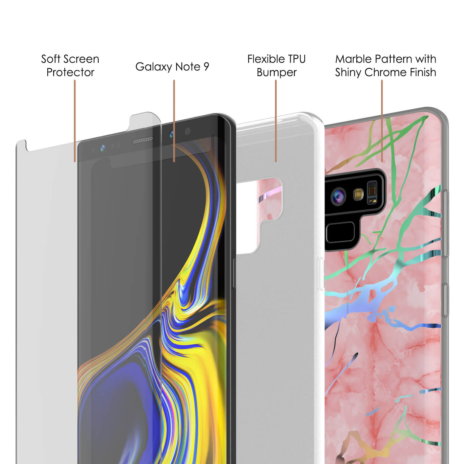 Galaxy Note 9 Corpo Completo com Protetor de Tela Capa de Mármore (Rose Mirage)