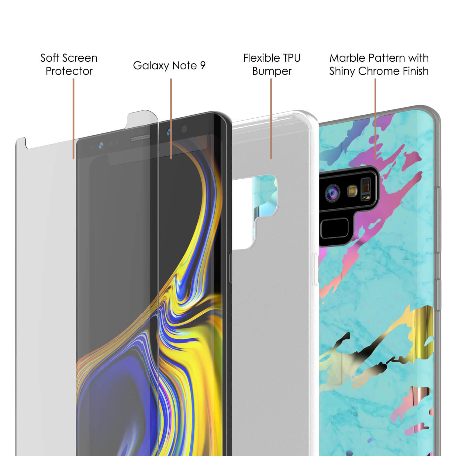 Galaxy Note 9 Corpo Inteiro com Protetor de Tela Capa de Mármore [Teal Ônix]
