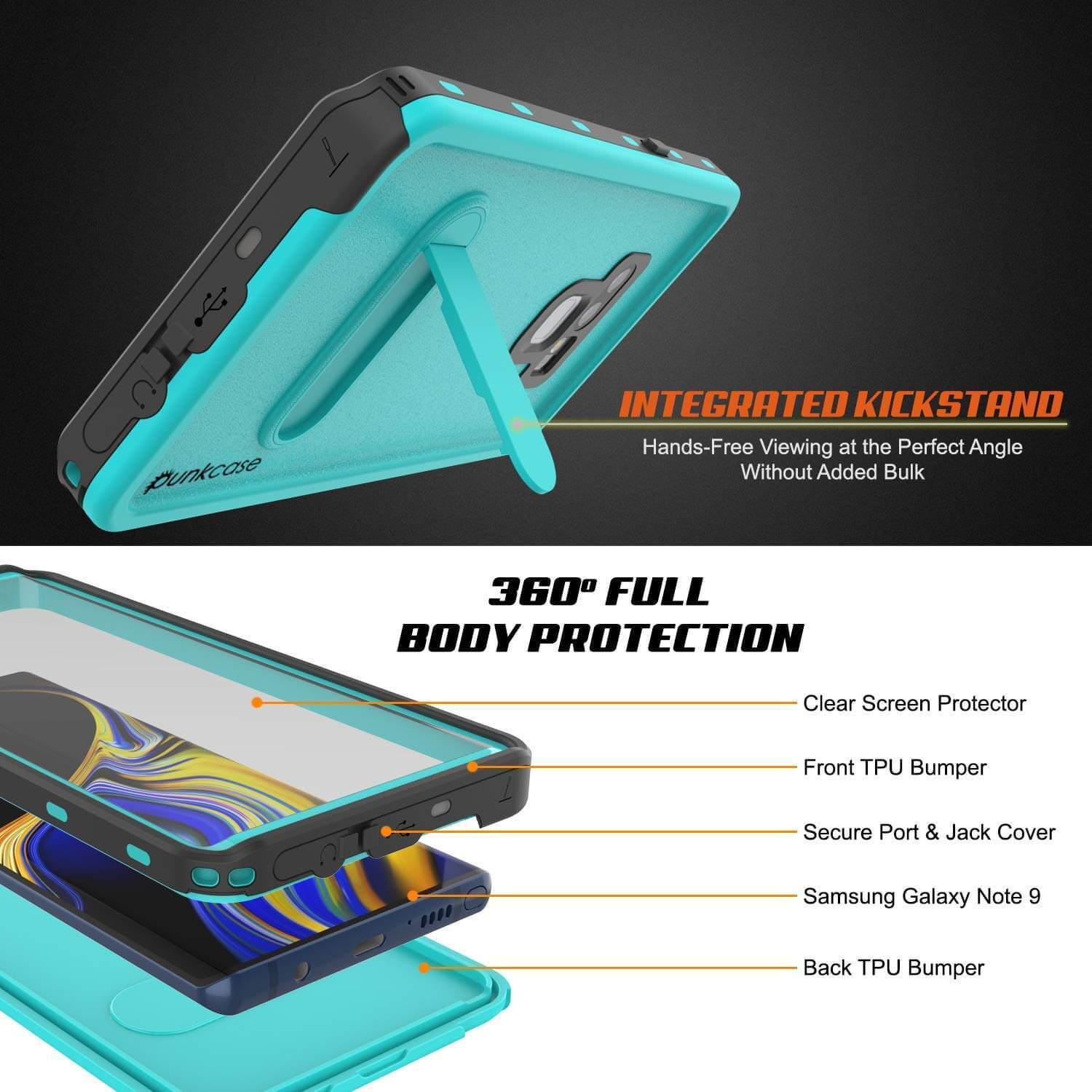Capa à prova d'água PunkCase Galaxy Note 9, Série KickStud, Armadura [Azul-petróleo]