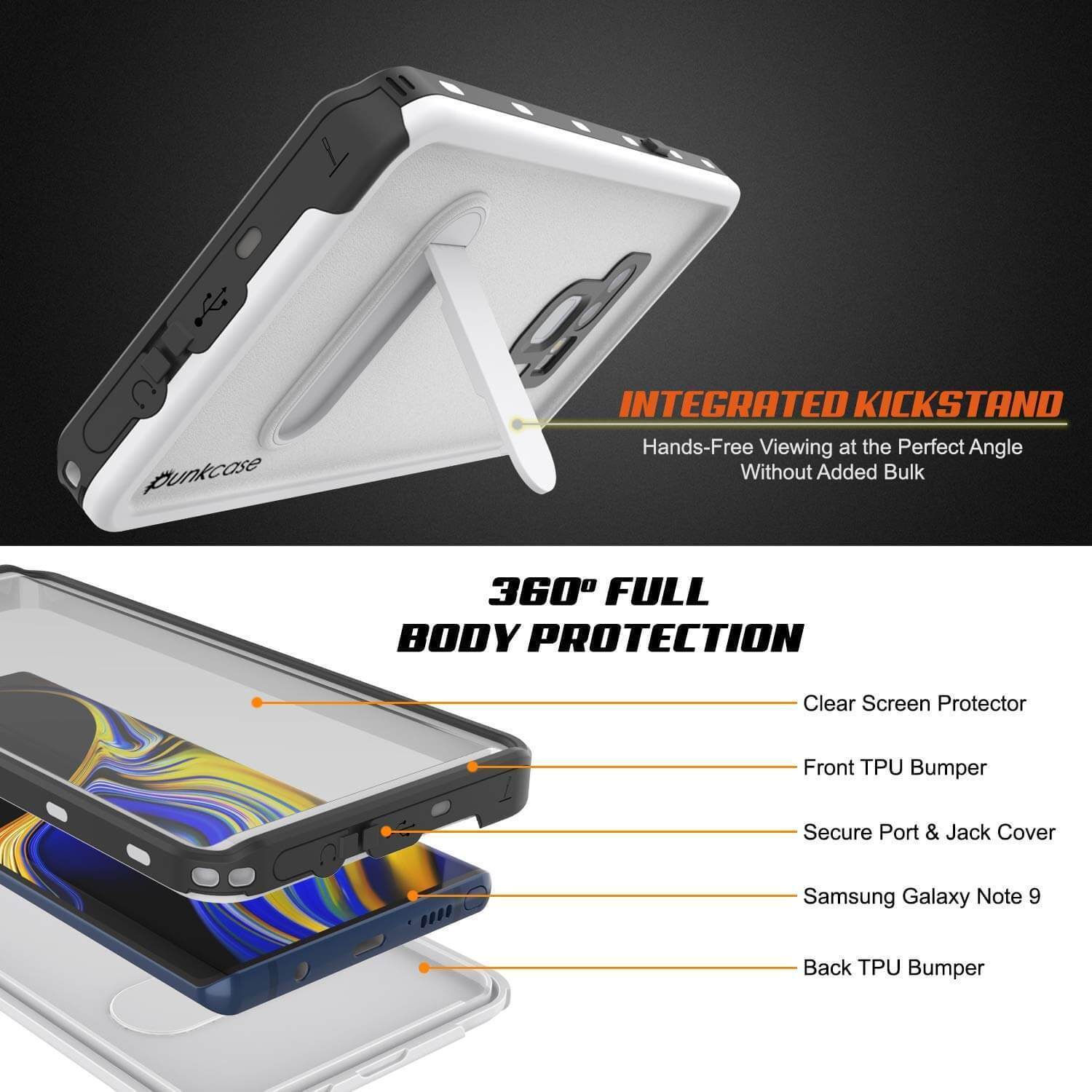 Capa à prova d'água PunkCase Galaxy Note 9, Série KickStud, Capa de armadura branca