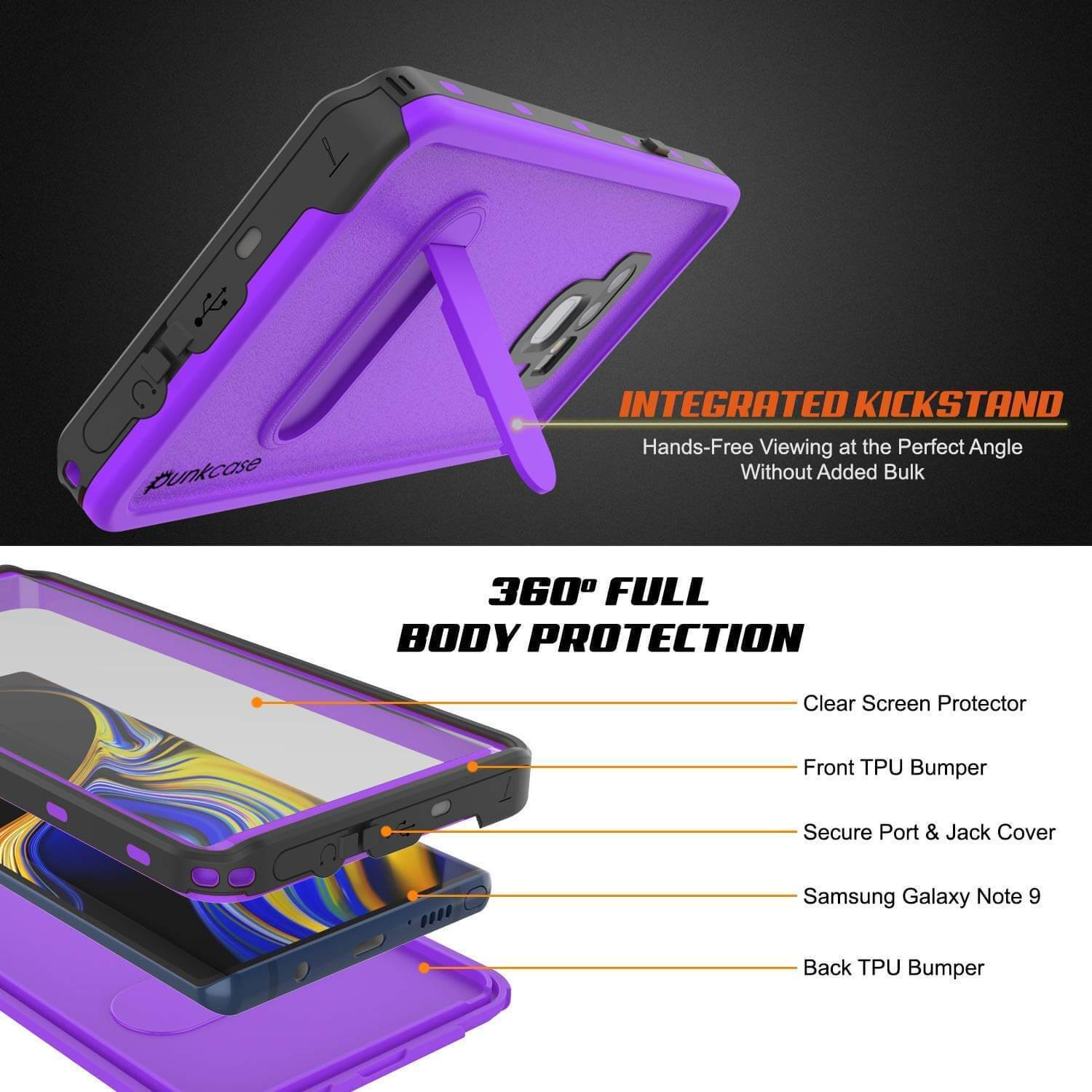 Capa à prova d'água PunkCase Galaxy Note 9, Série KickStud Capa de Armadura Roxa.