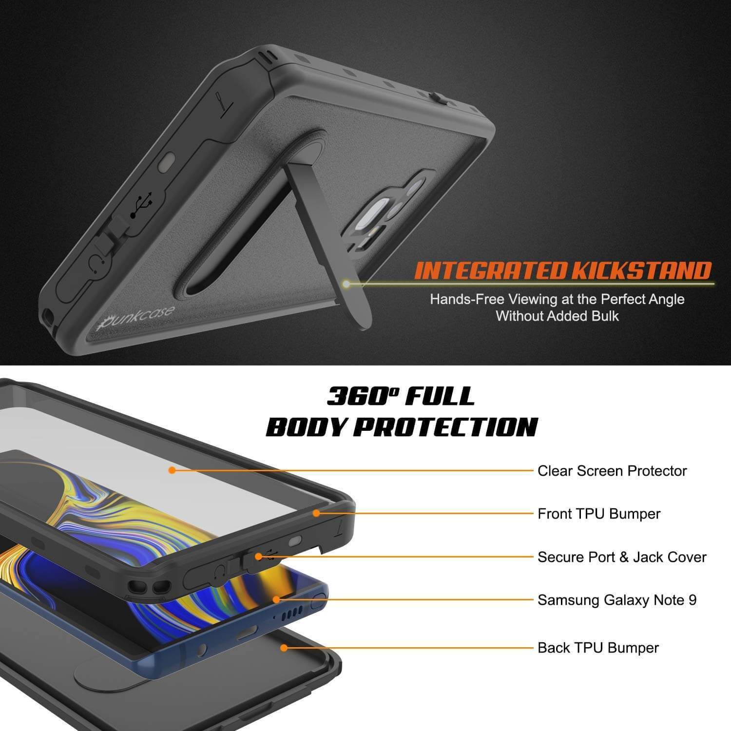Capa impermeável PunkCase Galaxy Note 9, série KickStud, cobertura de armadura (preto)