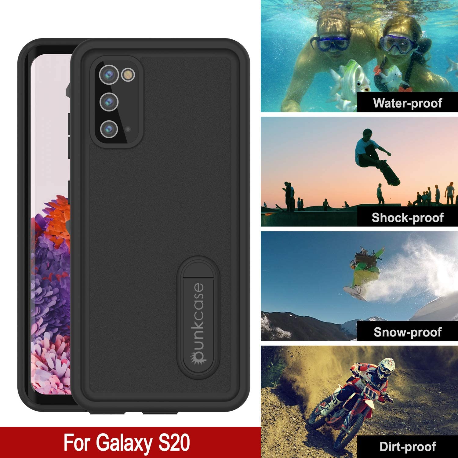 Capa à Prova de Água para Galaxy S20, Punkcase [Série KickStud] Capa de Armadura [Preto]