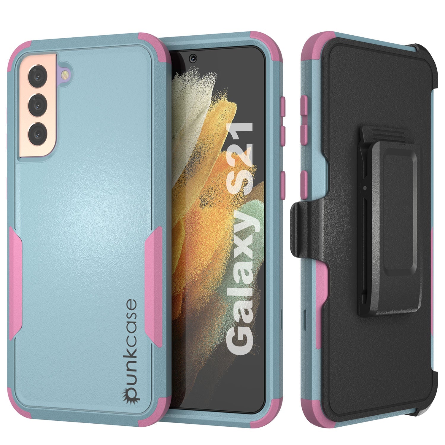 Capa Punkcase para Galaxy S21 5G com Clipe de Cinto e Estojo Multicamada [Série Patron] [Menta-Rosa]
