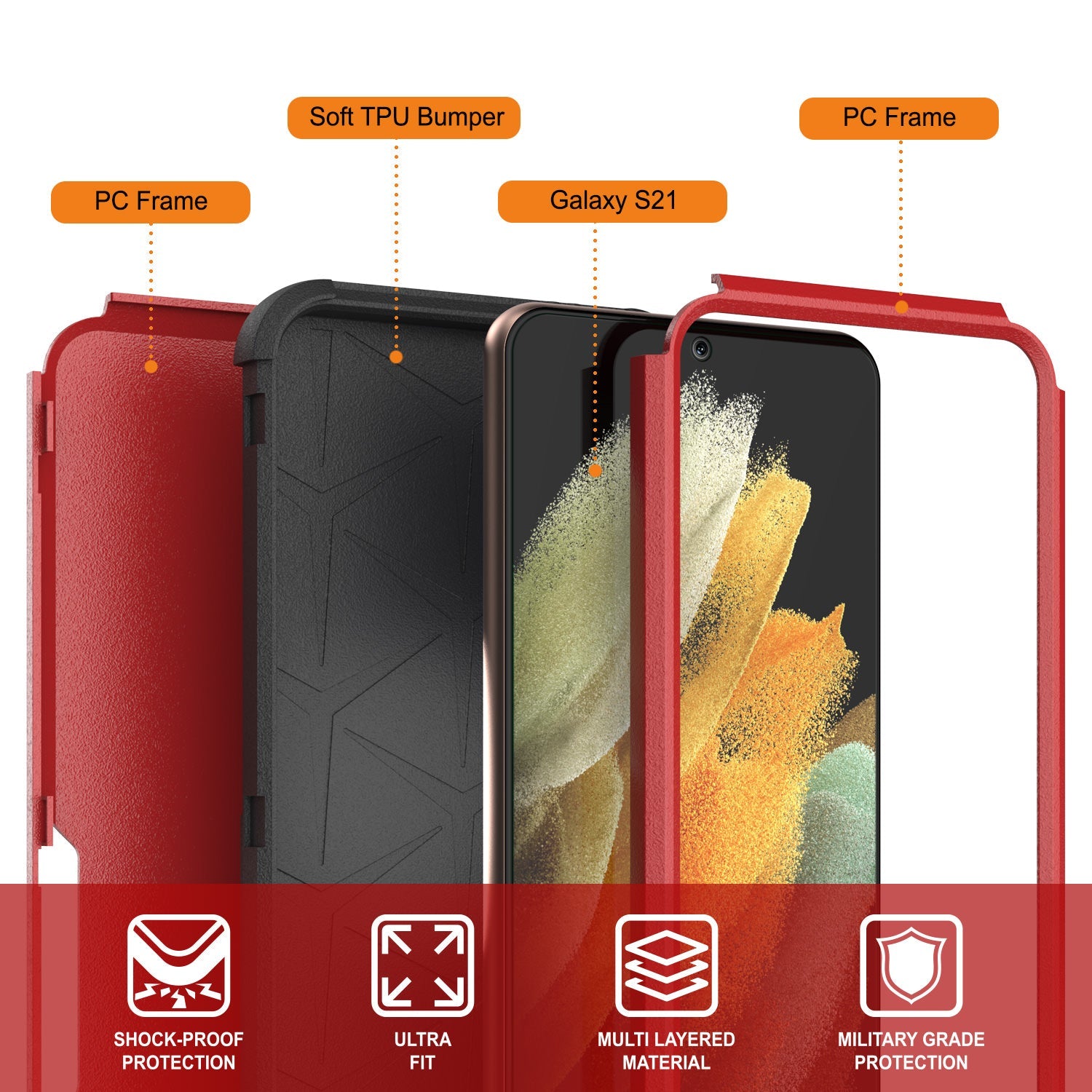 Punkcase for Galaxy S21 5G Belt Clip Multilayer Holster Case [Patron Series] [Red-Black] (Color in image: Navy)
