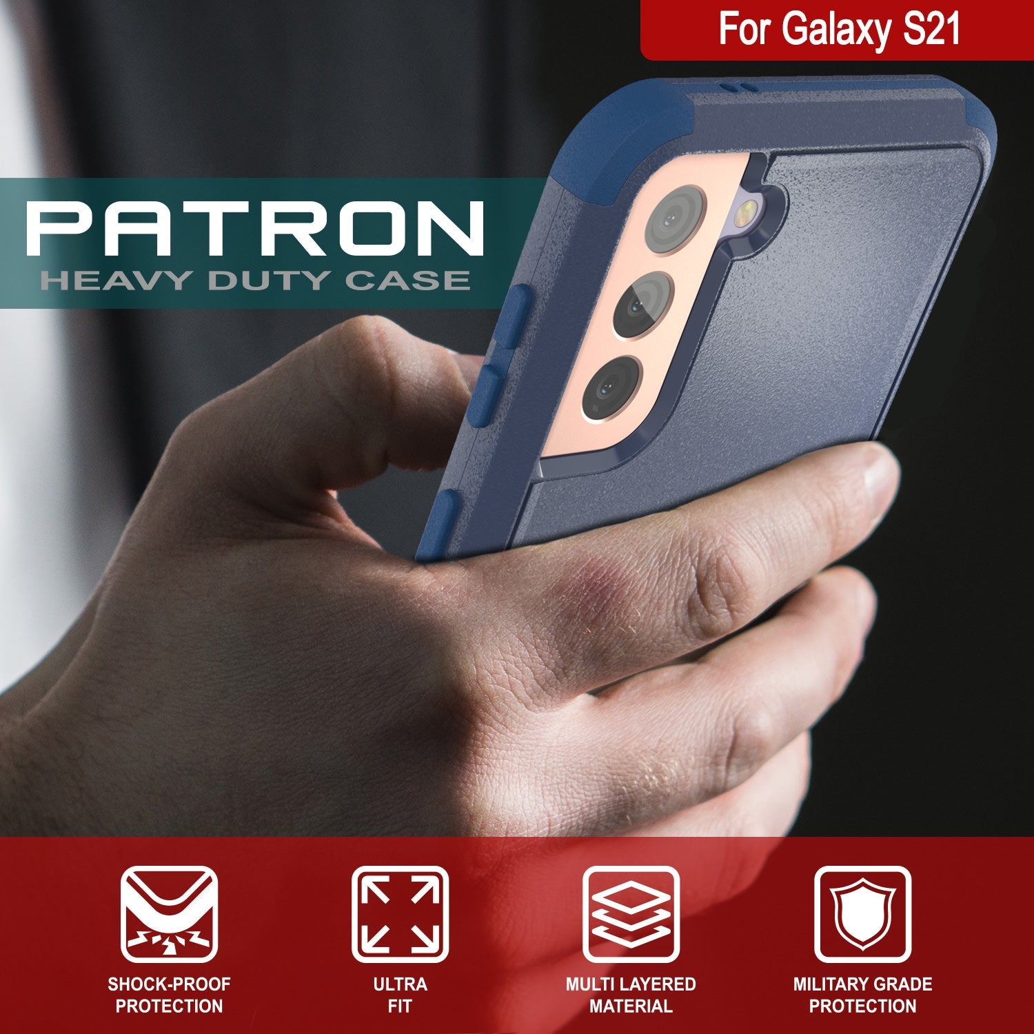 Punkcase for Galaxy S21 5G Belt Clip Multilayer Holster Case [Patron Series] [Navy] (Color in image: Red-Black)