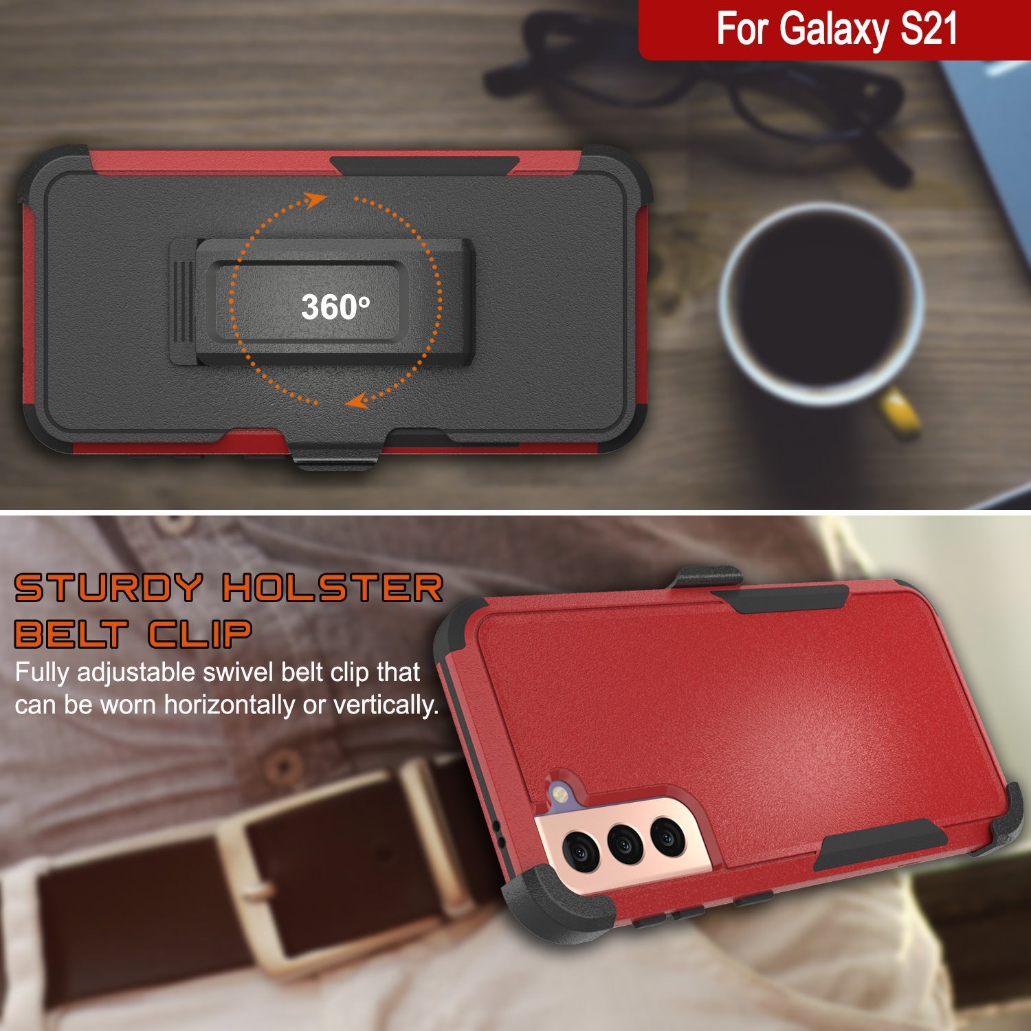 Punkcase for Galaxy S21 5G Belt Clip Multilayer Holster Case [Patron Series] [Red-Black]