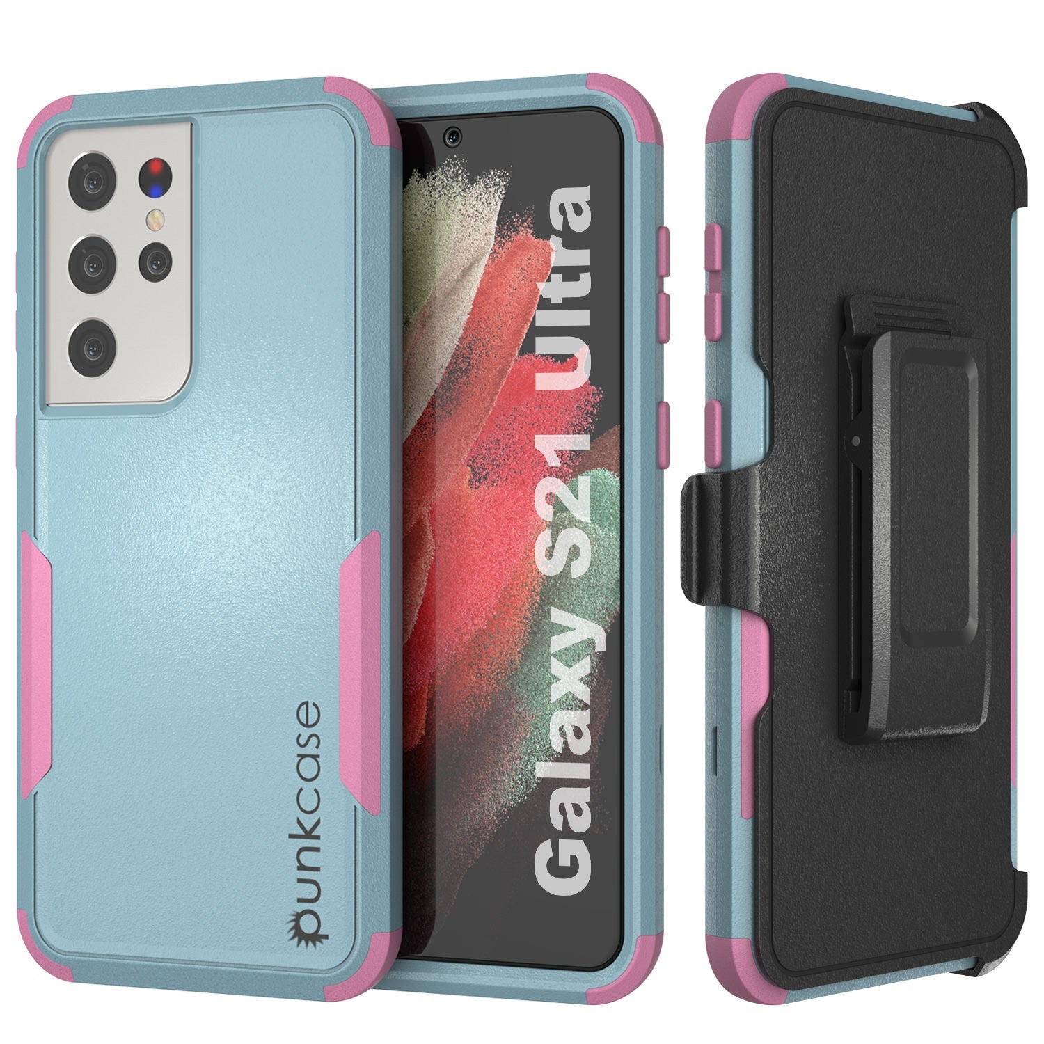 Capa de coldre de camada múltipla Punkcase para Galaxy S21 Ultra 5G com clipe para cinto [Série Patron] [Mint-Rosa]