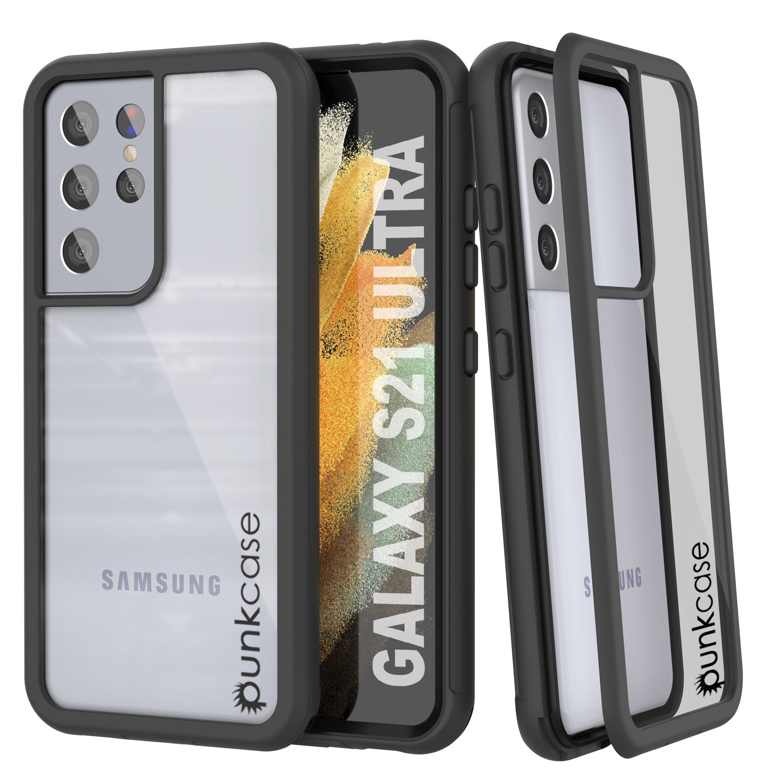 Capa PunkCase Galaxy S21 Ultra, Série Spartan, Cobertura Resistente Transparente com Protetor de Tela Embutido [Preto]