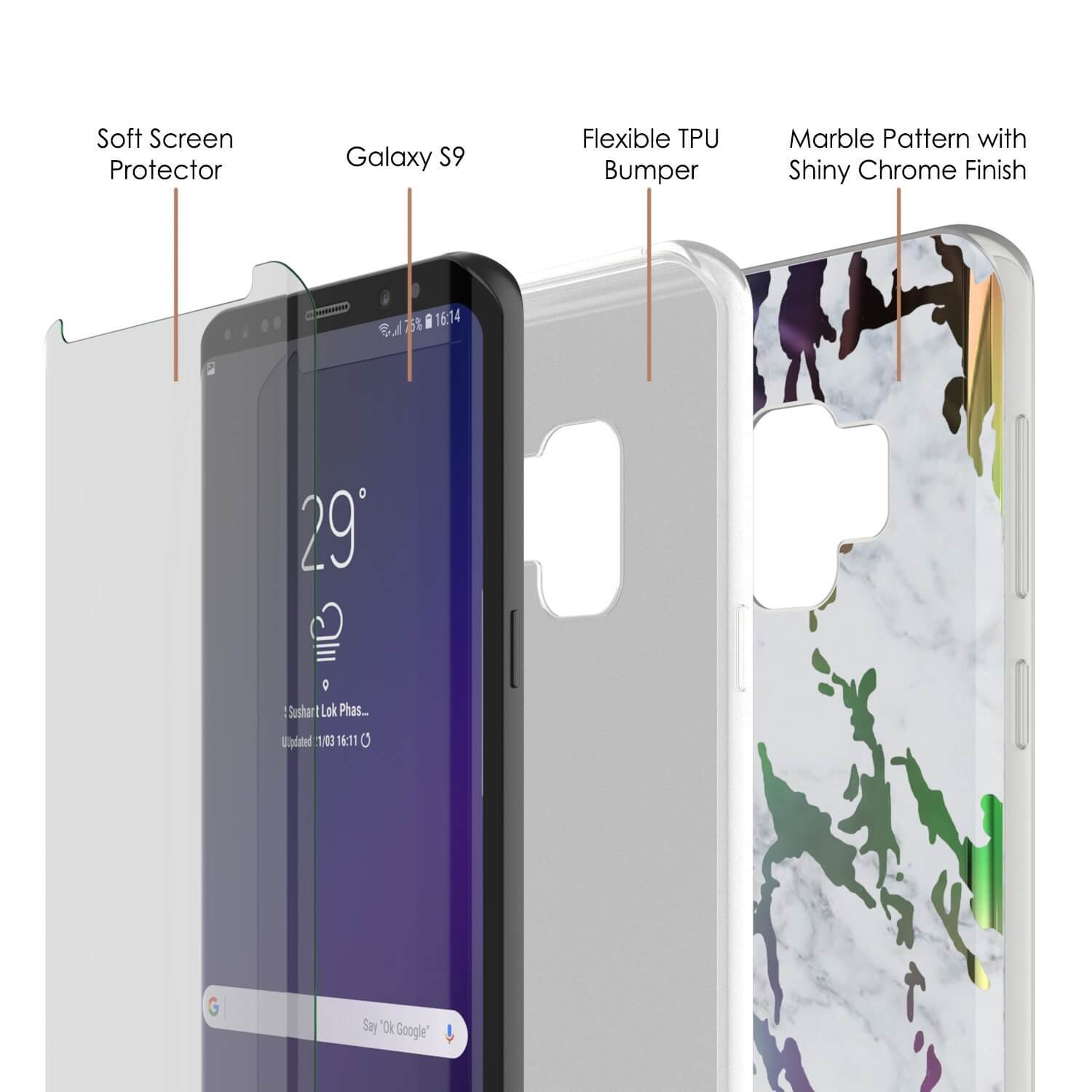 Capa de Mármore Punkcase Galaxy S9, Cobertura Completa Protetora com Protetor de Tela PunkShield (Blanco Marmo)