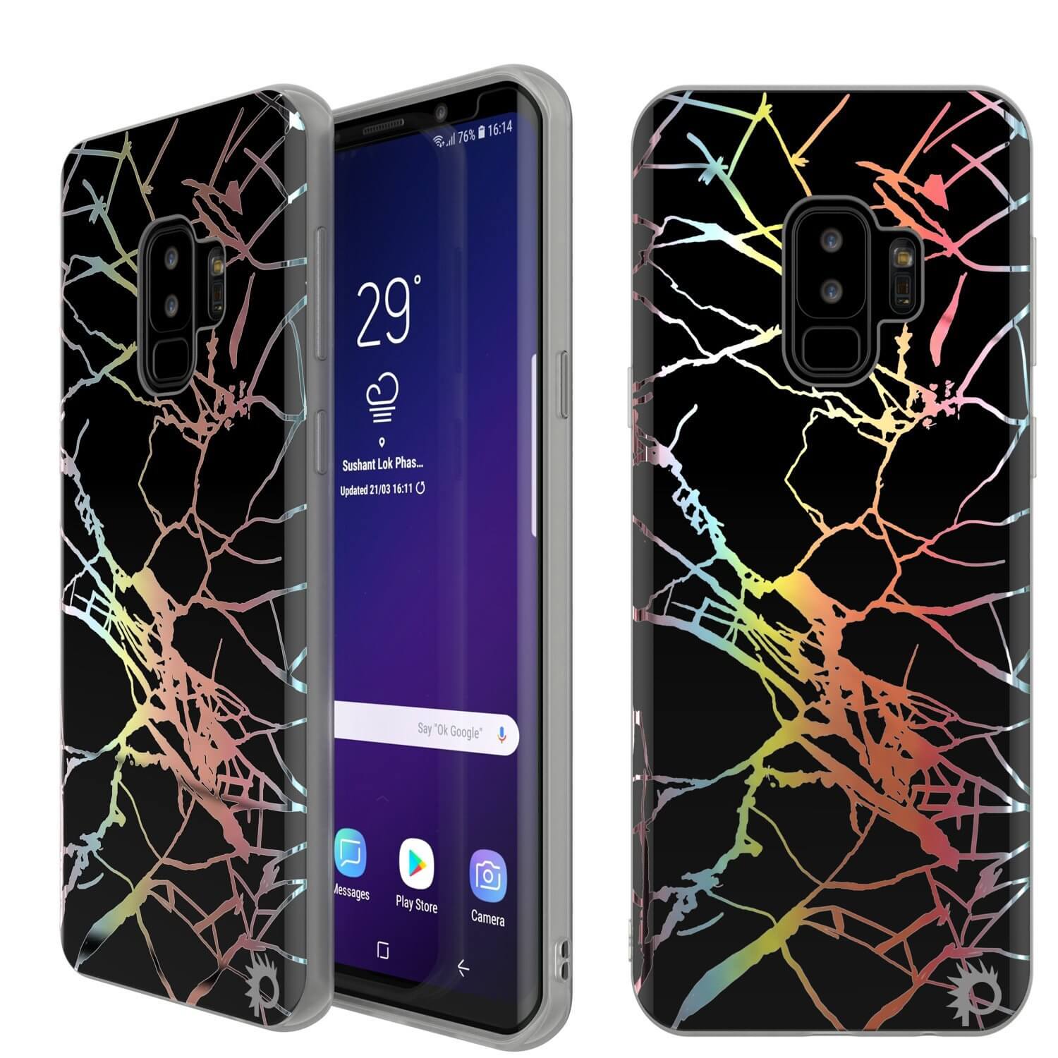 Capa de mármore Punkcase Galaxy S9+, cobertura total protetora com protetor de tela PunkShield (Miragem Negra)