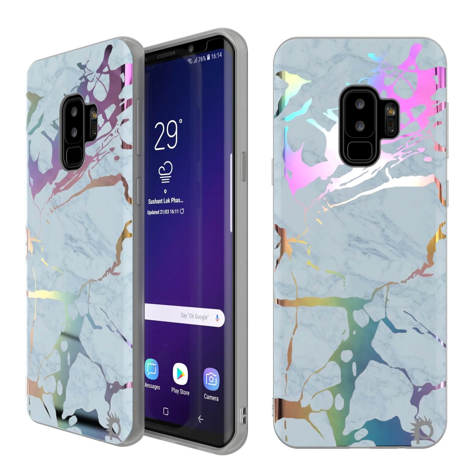 Capa Punkcase Galaxy S9+ de mármore, cobertura total protetora com protetor de tela PunkShield (Azul Mármore)