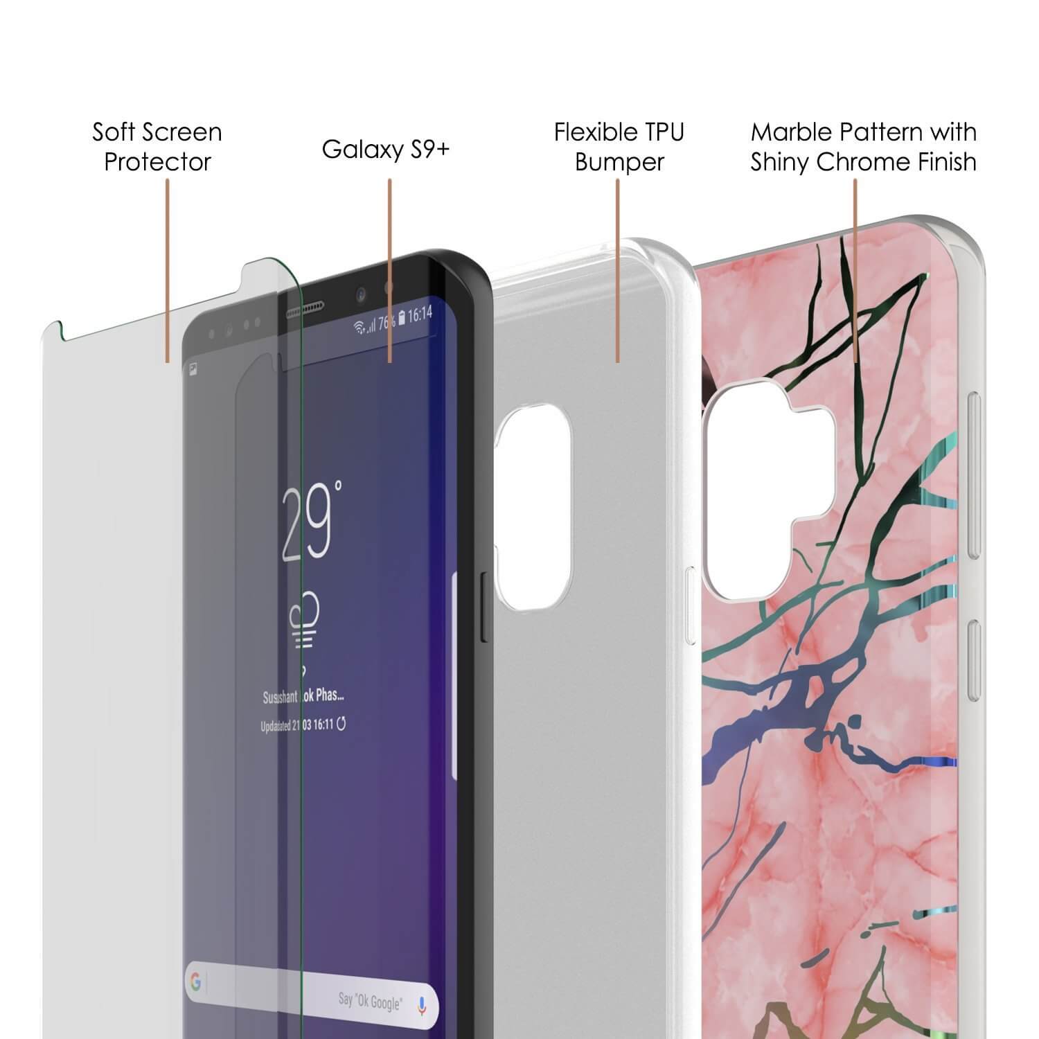 Punkcase Galaxy S9+ Marble Case, Protective Full Body Cover W/PunkShield Screen Protector (Rose Mirage) (Color in image: Black Mirage)