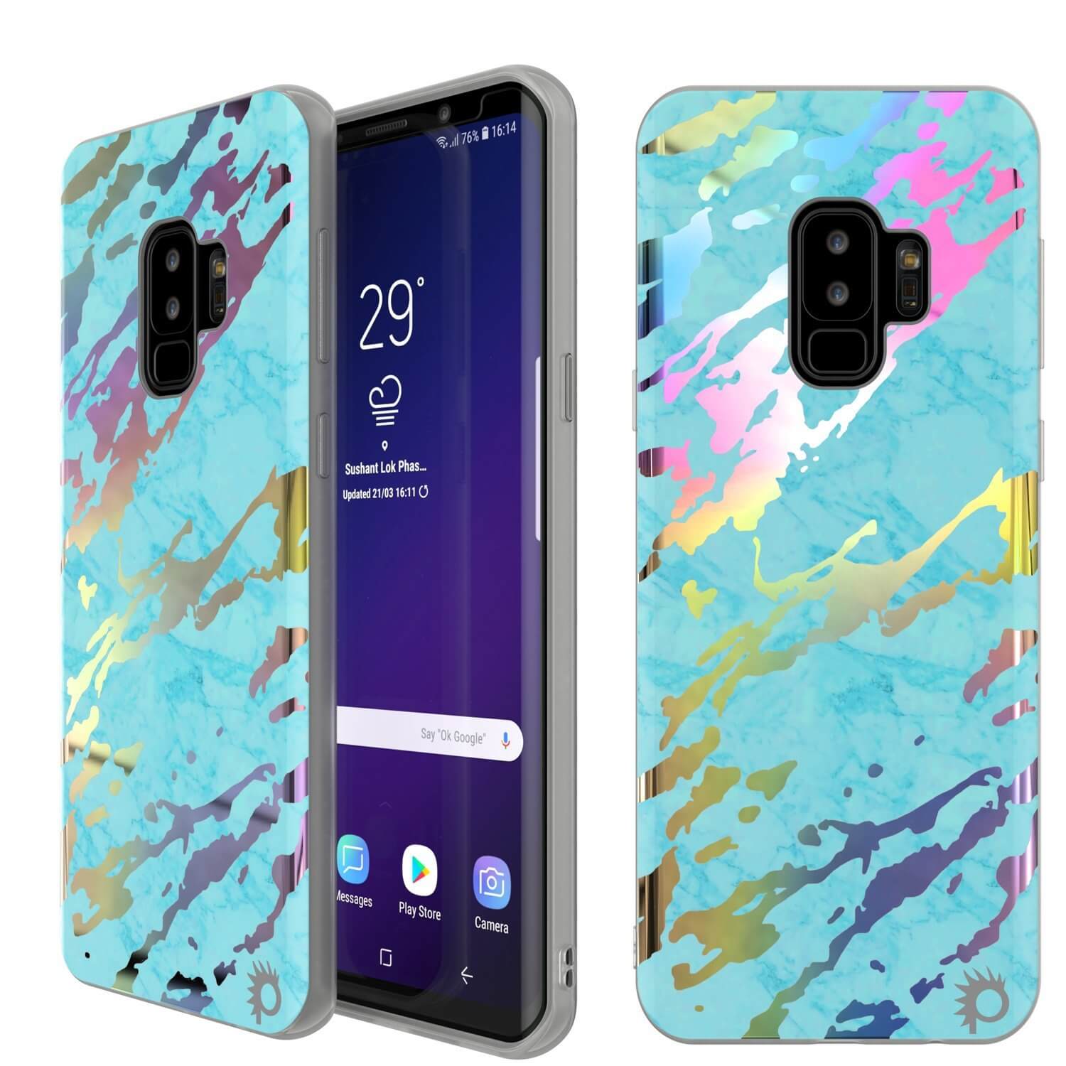 Capa de mármore Punkcase Galaxy S9+, cobertura completa protetora do corpo com protetor de tela PunkShield (Teal Onyx)