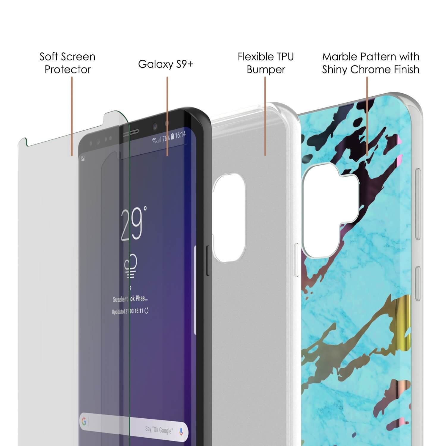 Punkcase Galaxy S9+ Marble Case, Protective Full Body Cover W/PunkShield Screen Protector (Teal Onyx) (Color in image: Blanco Marmo)
