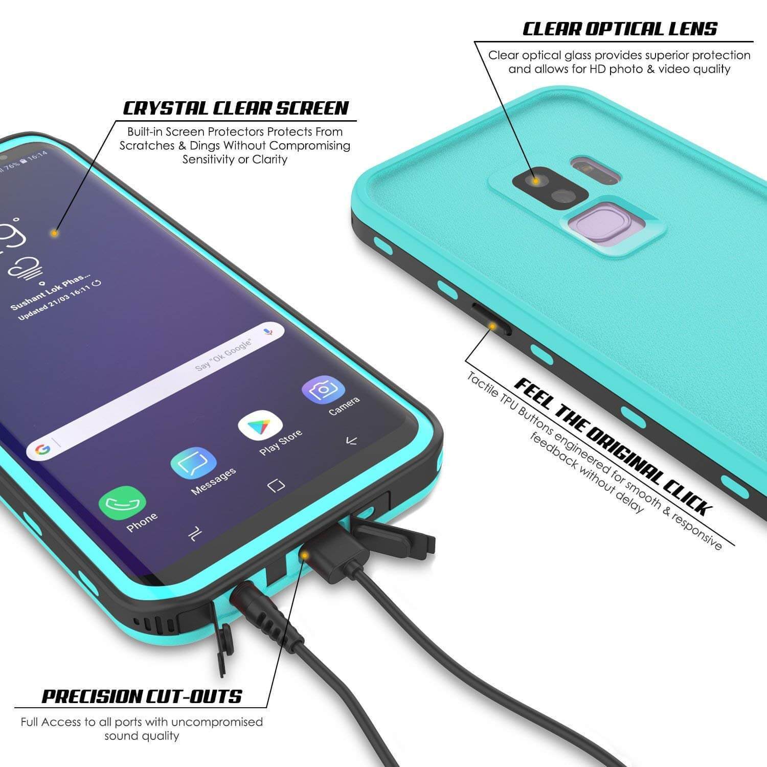 Capa à prova d'água para Galaxy S9 Plus, Punkcase [Série KickStud] Cobertura de armadura [TEAL]