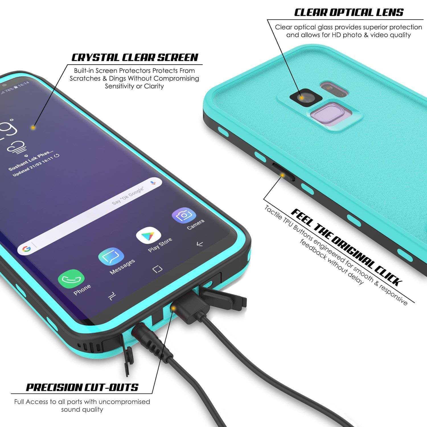 Galaxy S9 Waterproof Case, Punkcase [KickStud Series] Armor Cover [TEAL] (Color in image: White)