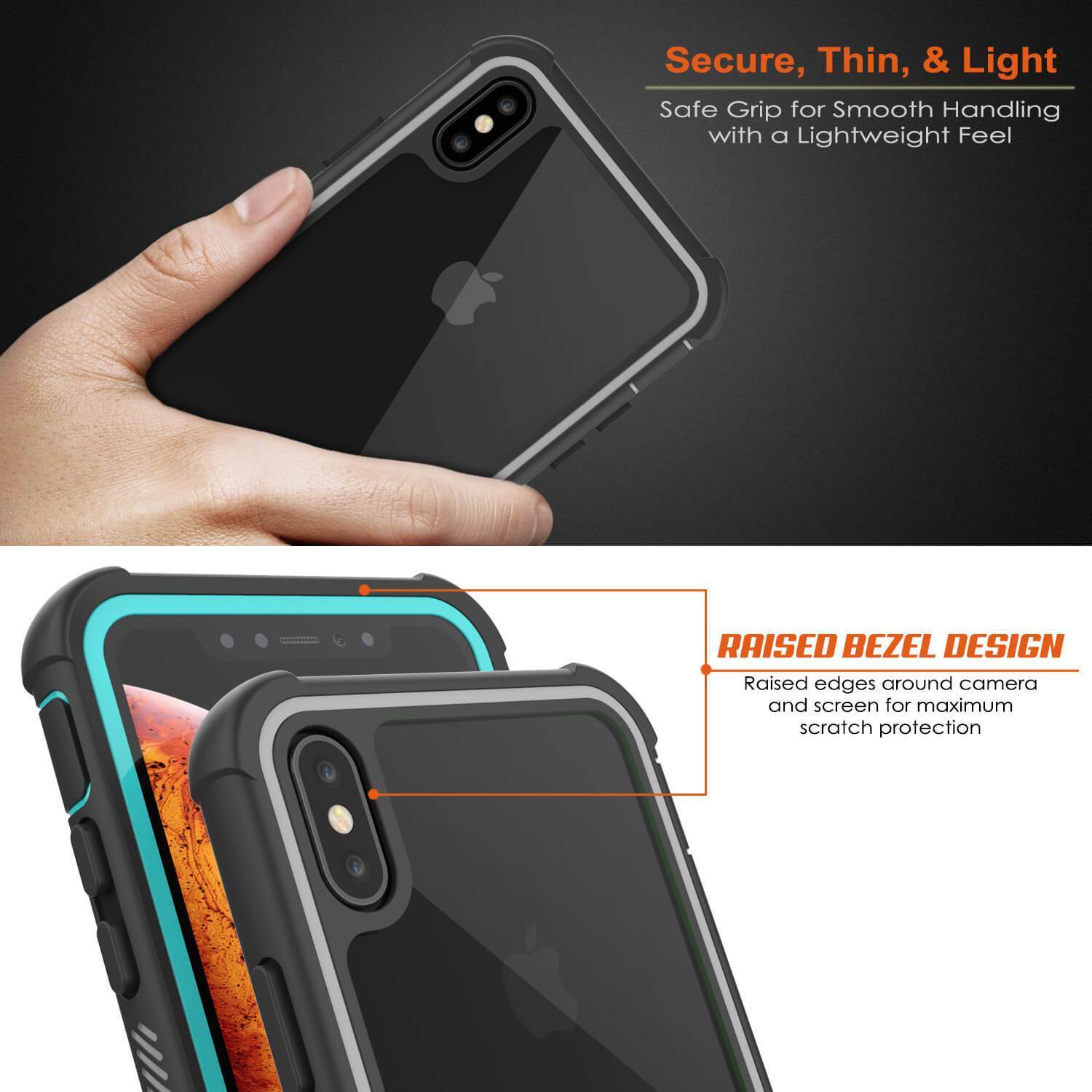 Capa PunkCase para iPhone XS Max, série Espartano, capa resistente e transparente com protetor de tela embutido (azul claro)