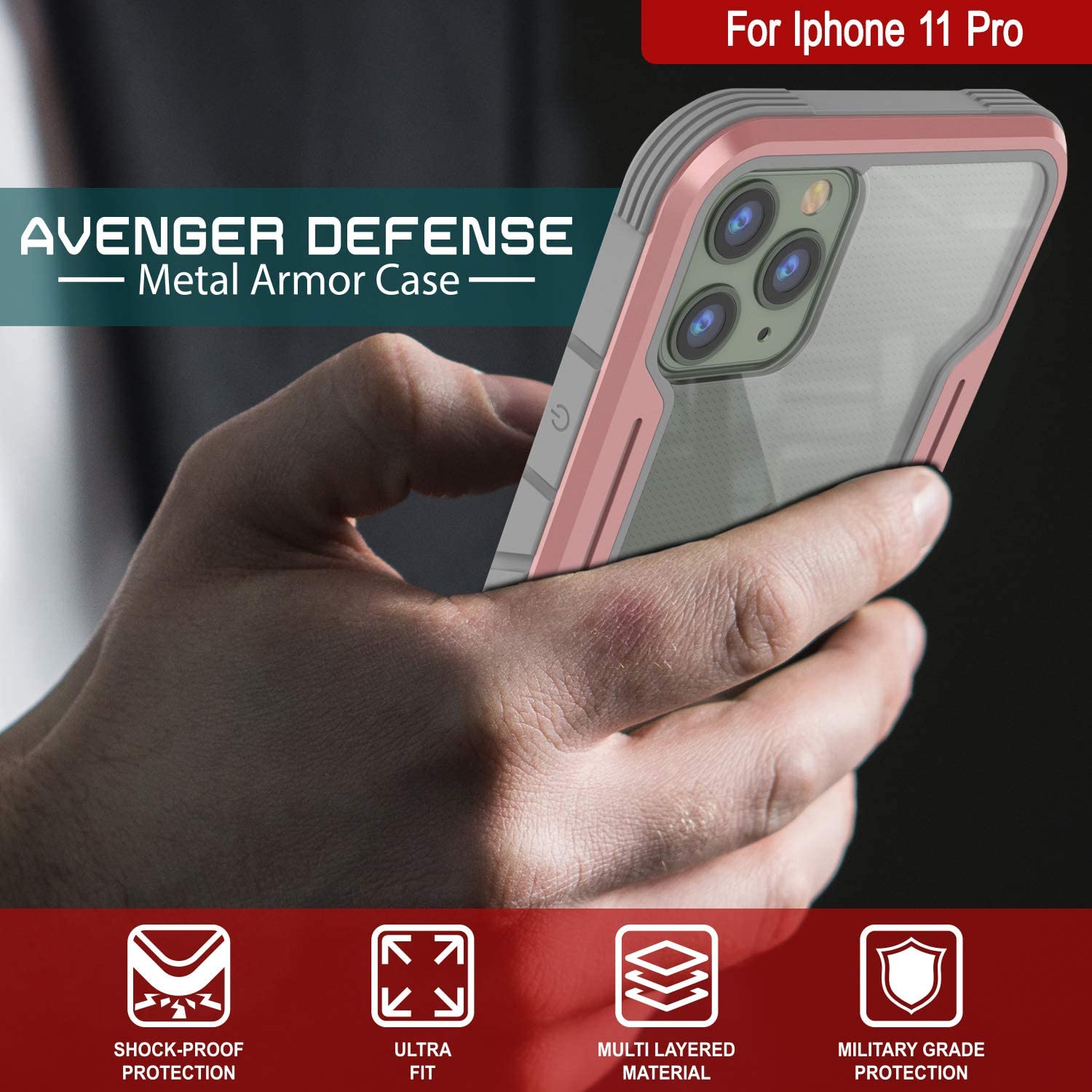Capa protetora para iPhone 11 Pro da Punkcase Ravenger Grau Militar de várias camadas [Dourado Rosado]