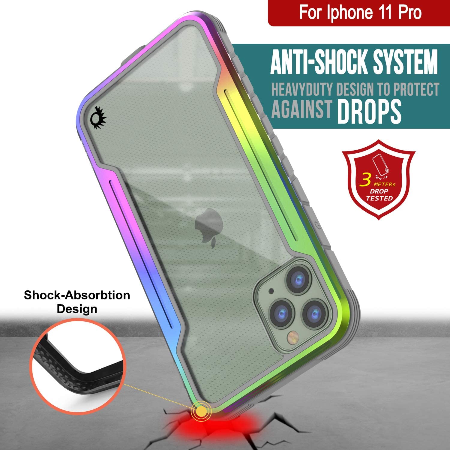 Capa protetora Punkcase iPhone 11 Pro Ravenger Grau Militar de Grau Militar de Grau Militar Cobertura Multicamada [Arco-íris]