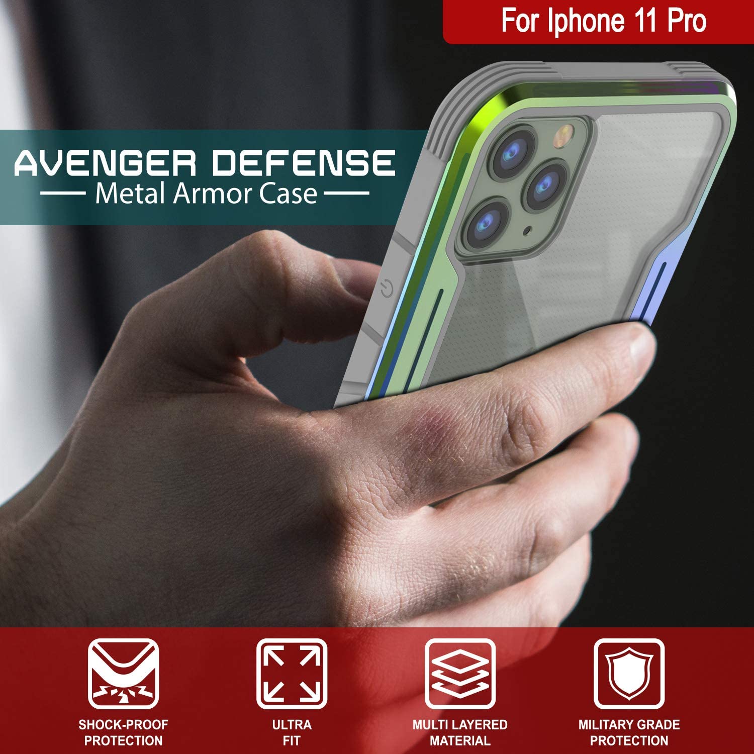 Capa protetora Punkcase iPhone 11 Pro Ravenger Grau Militar de Grau Militar de Grau Militar Cobertura Multicamada [Arco-íris]