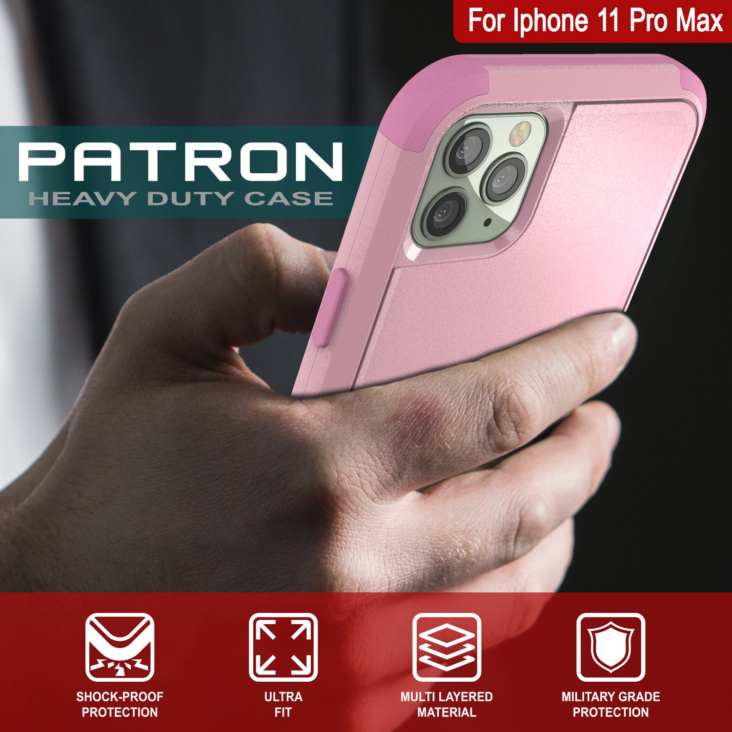 Punkcase for iPhone 11 Pro Max Belt Clip Multilayer Holster Case [Patron Series] [Pink] (Color in image: Red-Black)