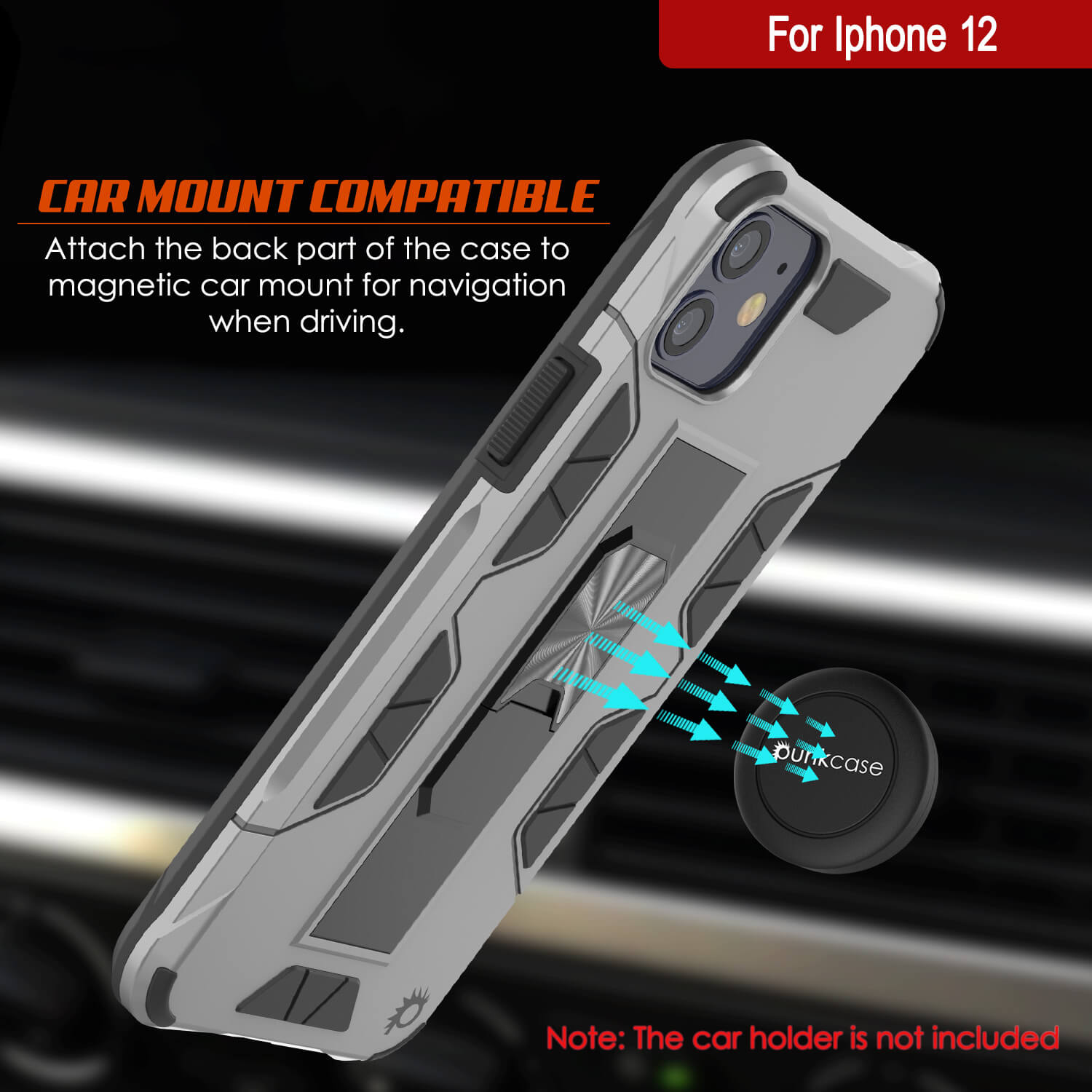 Capa Punkcase para iPhone 12 [Série ArmorShield] Capa protetora de estilo militar de camada dupla prateada.