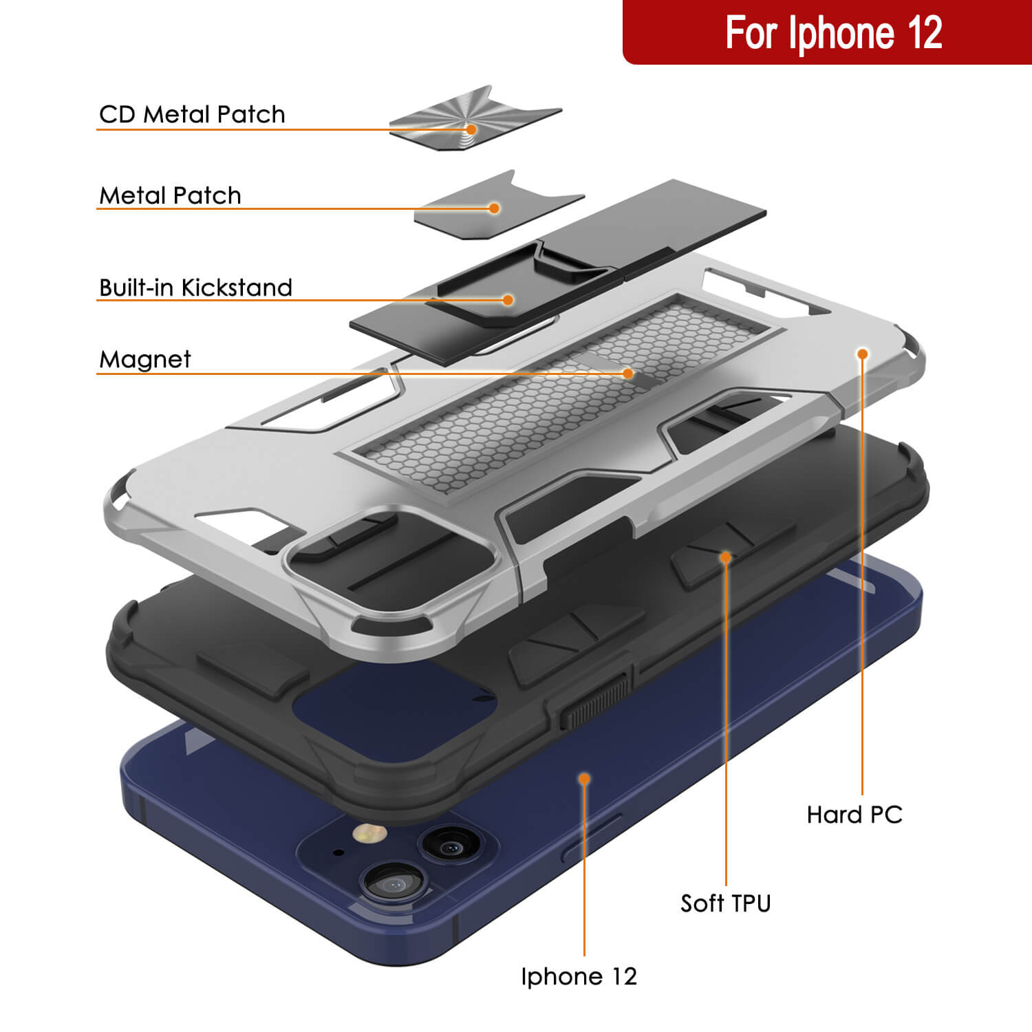 Capa Punkcase para iPhone 12 [Série ArmorShield] Capa protetora de estilo militar de camada dupla prateada.