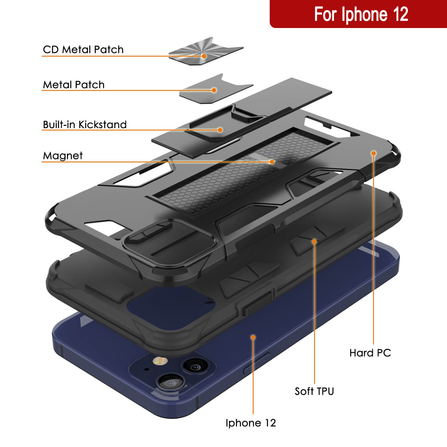 Capa Punkcase para iPhone 12 [Série ArmorShield] Capa protetora de estilo militar de camada dupla preta.