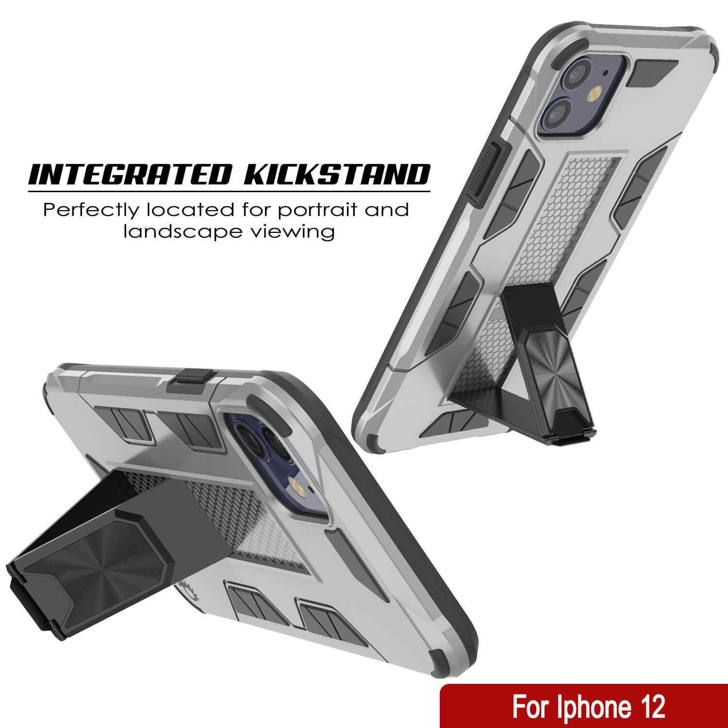 Capa Punkcase para iPhone 12 [Série ArmorShield] Capa protetora de estilo militar de camada dupla prateada.