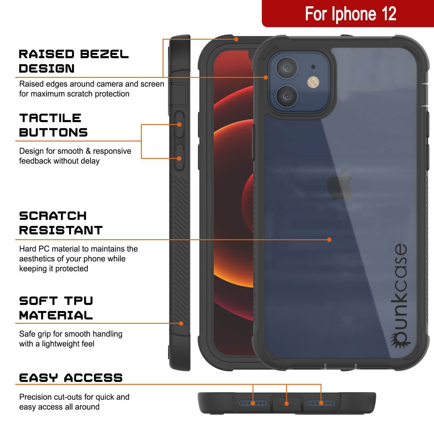 Capa PunkCase para iPhone 12 Mini, Série Spartan, Capa Resistente Transparente com Protetor de Tela Integrado, Preto.