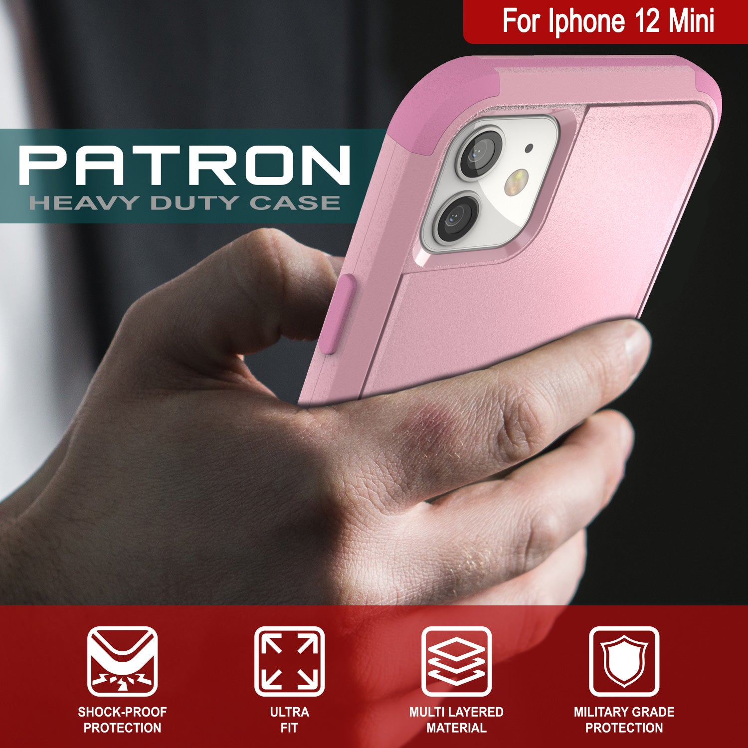 Punkcase for iPhone 12 Mini Belt Clip Multilayer Holster Case [Patron Series] [Pink] (Color in image: Red-Black)